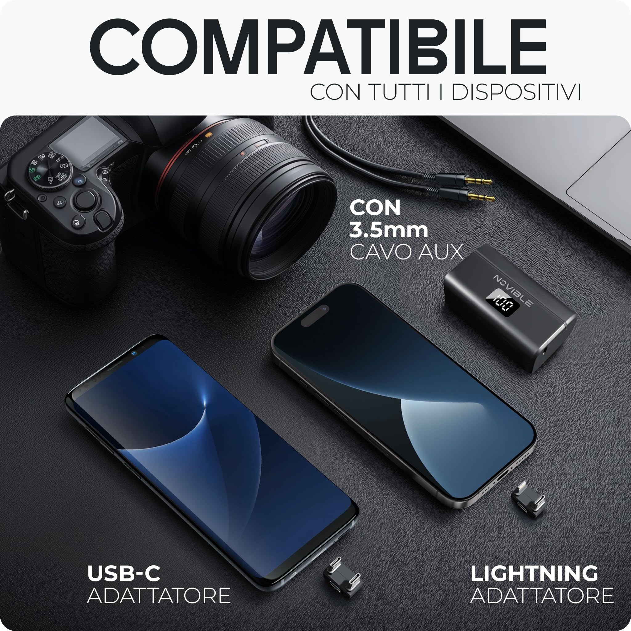 Microfono Lavalier Wireless per iPhone, Android, Fotocamera, PC - Audio Chiaro, Cancellazione Rumore, Portata 100 m - Autonomia 25 h con Custodia di Ricarica