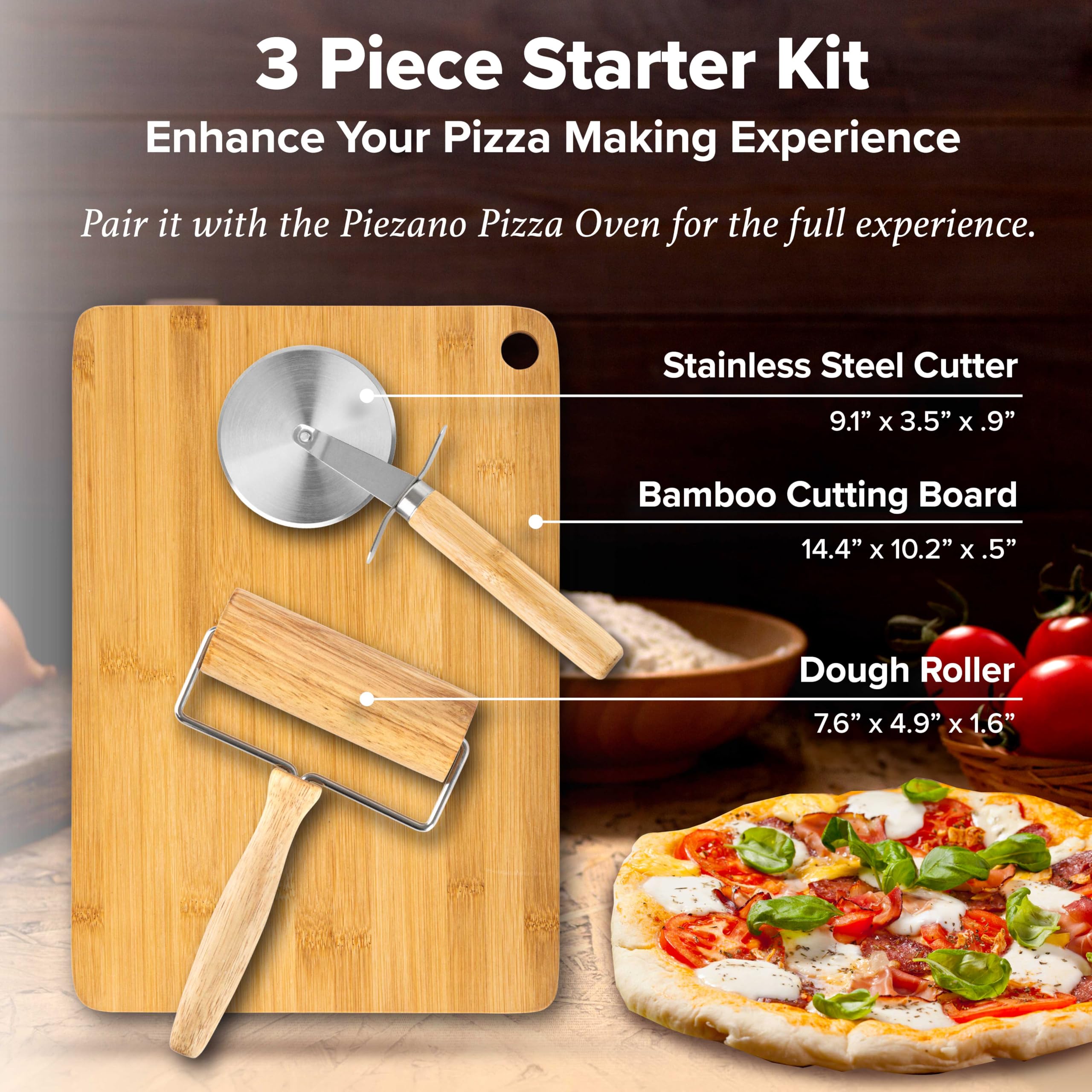 Granitestone Piezano Pizza Oven 3 Pc Accessories Kit - Comes with Pizza Dough Roller, Pizza Cutter, and Wooden Pizza Serving Board, 3 Pc Pizza Oven Accessories Kit