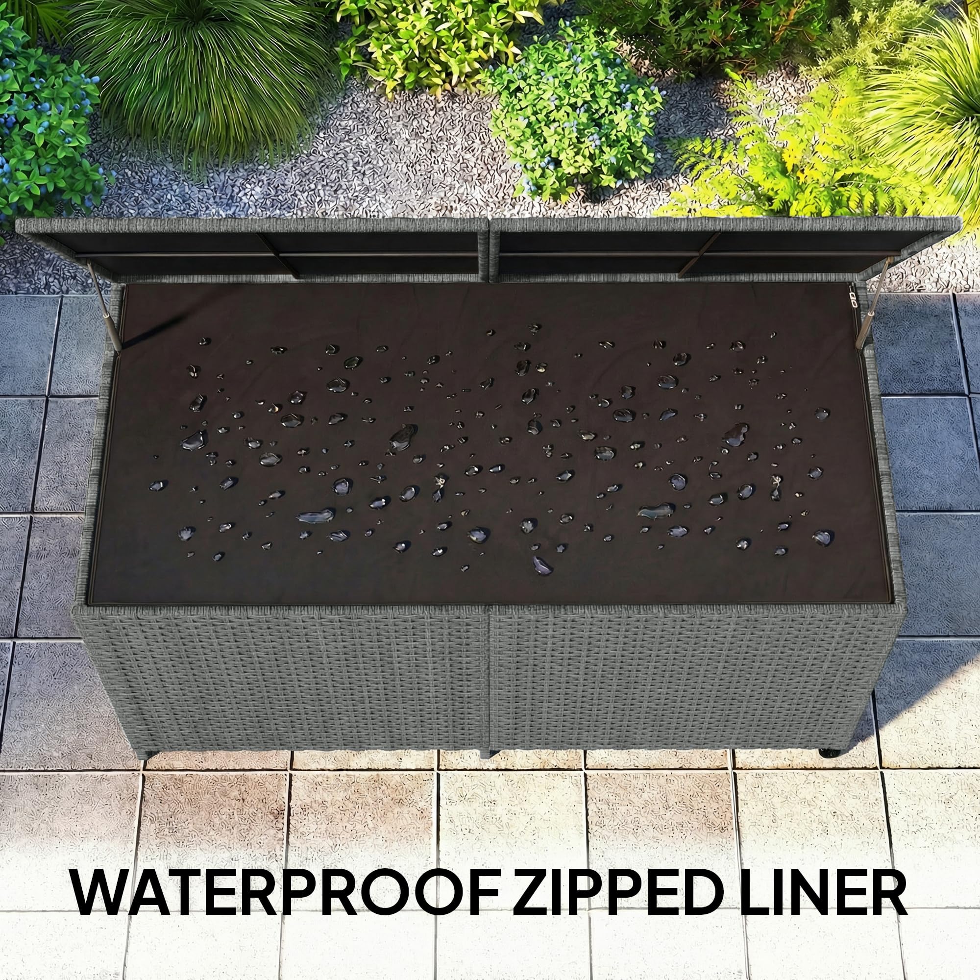 Outsunny 162 Gallon Rattan Deck Box with Wheels, Wicker Outdoor Storage Box with Waterproof Zippered Liner, Safe Pneumatic Rods, Patio Rattan Storage Container for Gardening Tools - 4