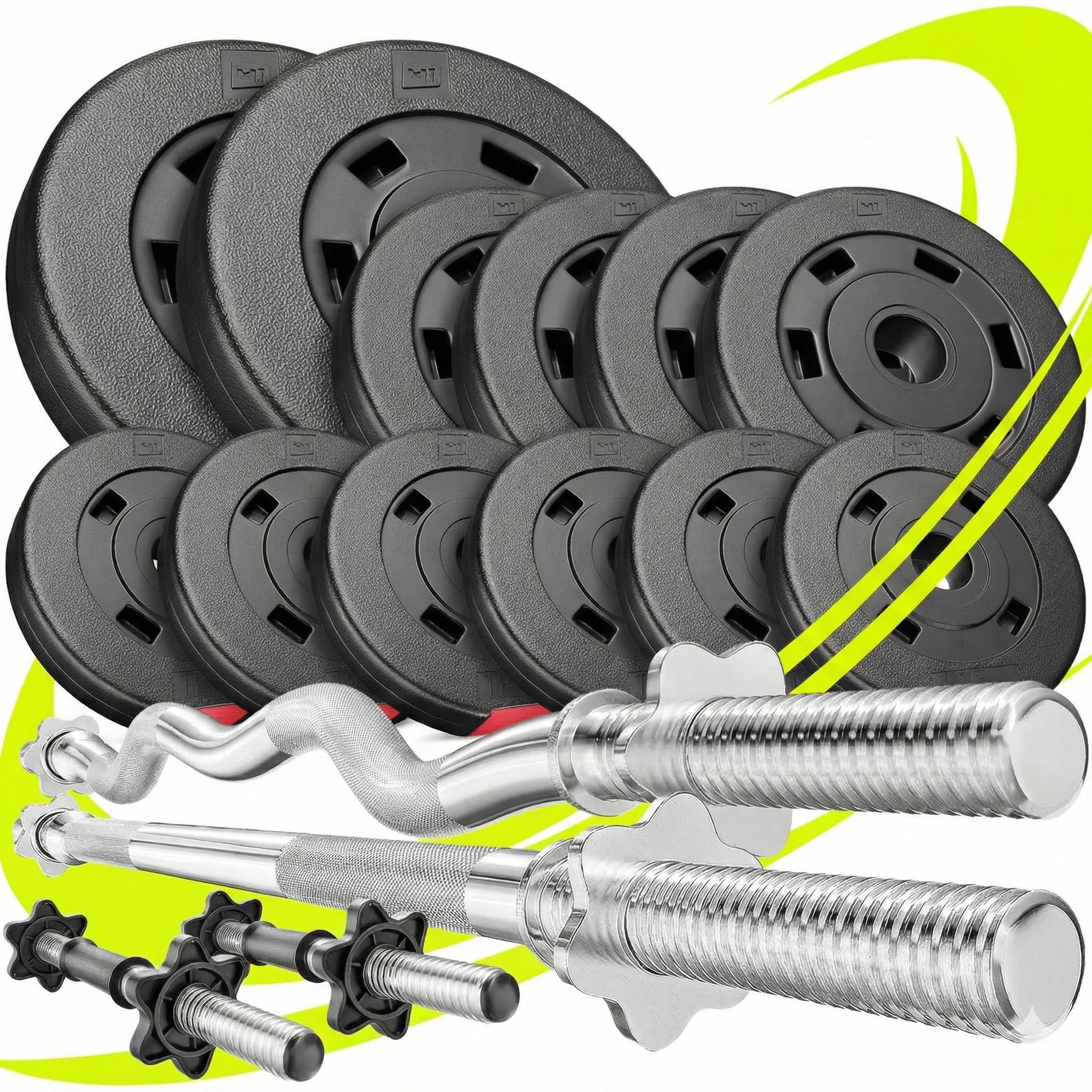 Hop-Sport Hantelset 45 kg | SZ Stange 120 cm + Langhantel 167 cm + 2 Kurzhanteln 45 cm Ø 30 mm | Bitumen Hantelscheiben aus Kunststoff | Gewichtsscheiben 30 mm | Krafttraining Zuhause & Home Gym