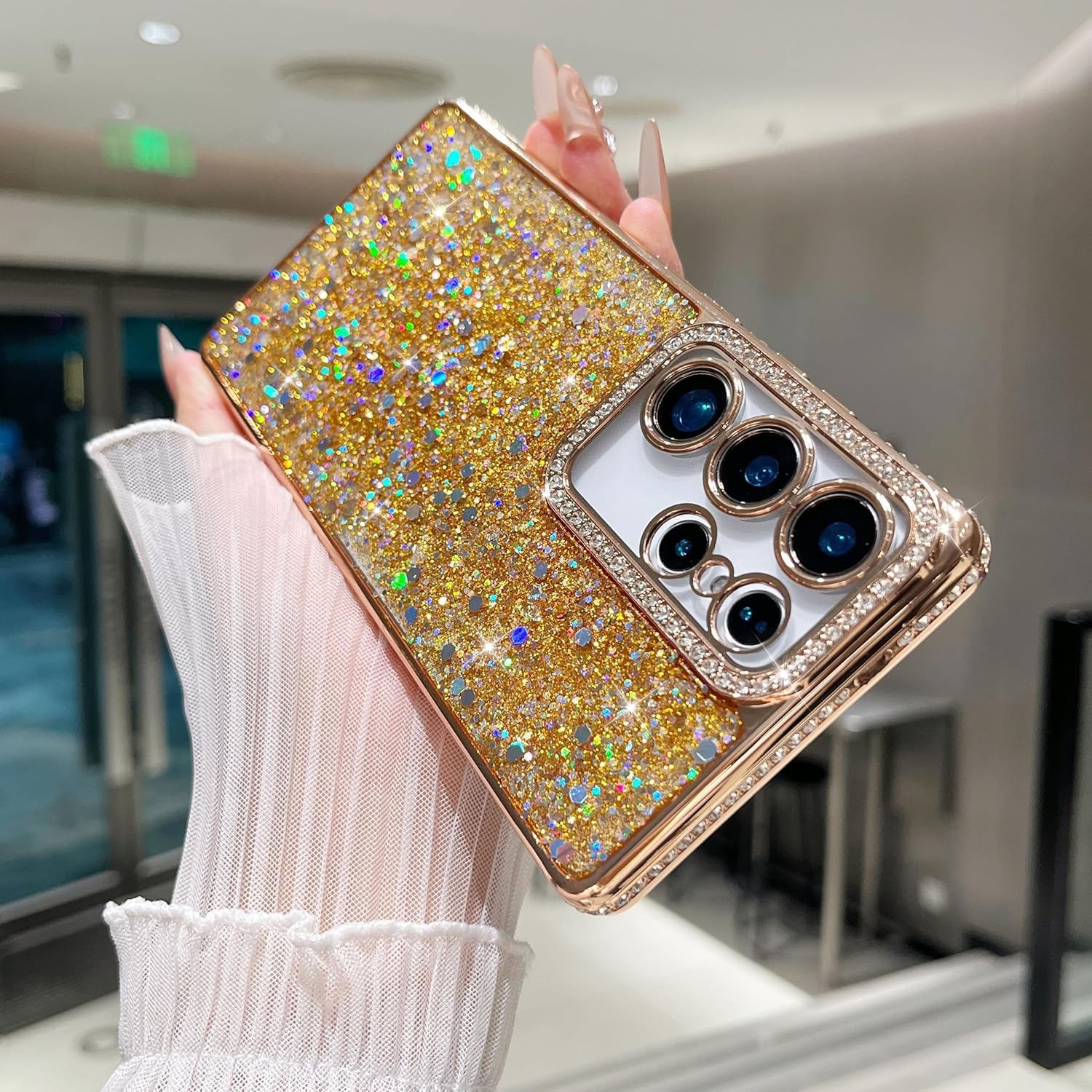 FABSPARK Case for Samsung Galaxy S25 Ultra,Glitter Crystal Diamond Rhinestone Sequin Shiny Bling Sparkly Glossy Luxury Electroplated,Aesthetic Cute Full Protection for Samsung Galaxy S25 Ultra,Golden - Image 8