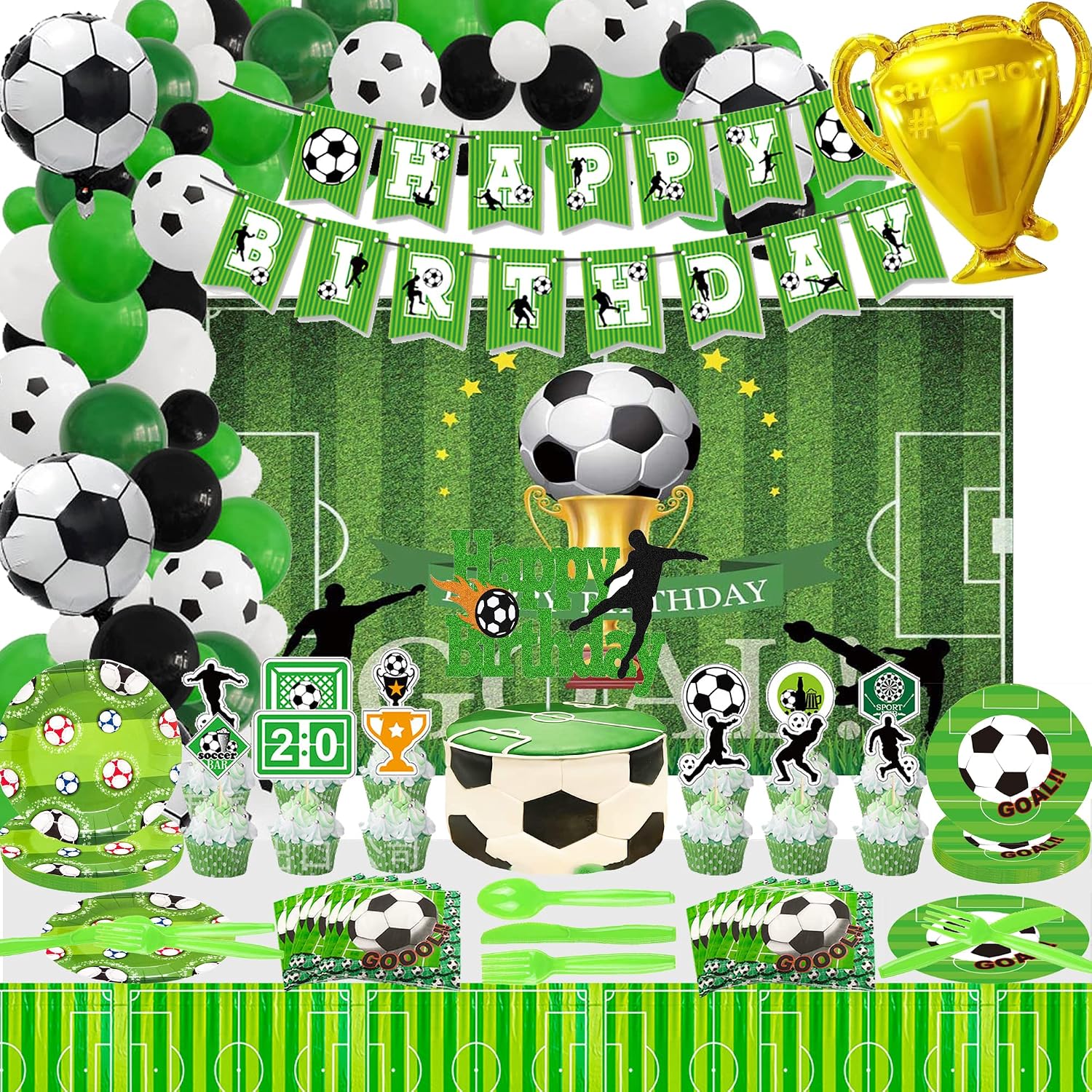 Soccer Party Decorations, Soccer Birthday Party Supplies Includes Soccer Balloon, Happy Birthday Banner, Cake Topper, Plates, Napkins, Cup, Tablecloth , Foil Balloon and Backdrop for Boys Sports Theme Birthday Decorations
