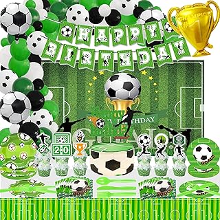 Soccer Party Decorations, Soccer Birthday Party Supplies Includes Soccer Balloon, Happy Birthday Banner, Cake Topper, Plates, Napkins, Cup, Tablecloth , Foil Balloon and Backdrop for Boys Sports Theme Birthday Decorations