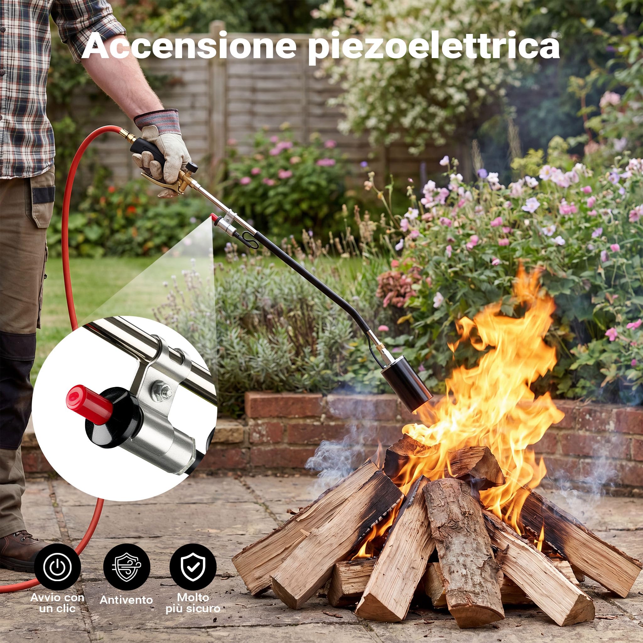Wiltec Bruciatore erbacce con accensione piezoelettrica fino a 1850 °C, diserbante a gas da 120 kW, strumento per bruciare le erbacce, bruciatore per tetti con tubo flessibile da 5 m