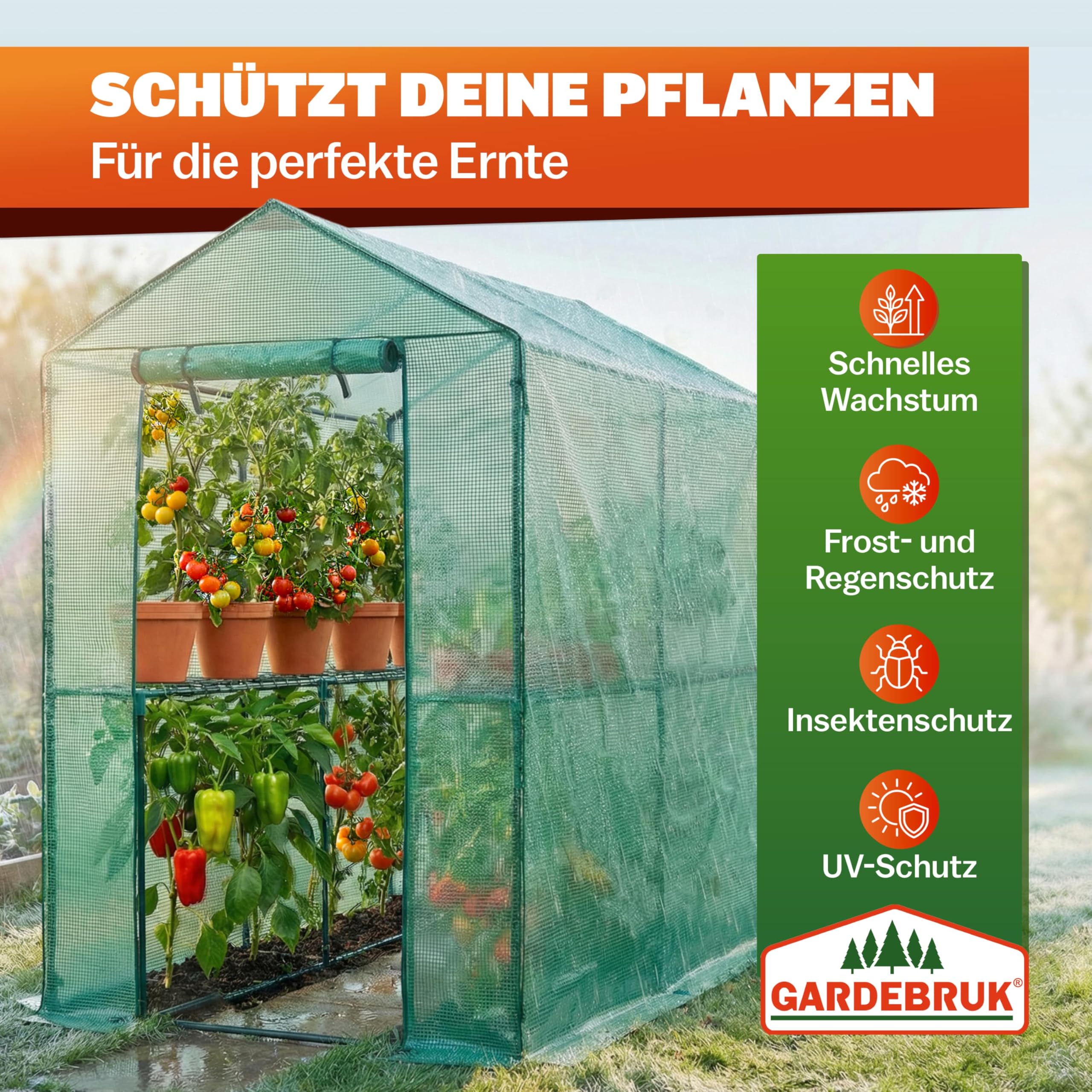 Gardebruk® Gewächshaus 190x186x120 cm Tomatengewächshaus Begehbar mit 4 Ablagen Foliengewächshaus Treibhaus mit Aufrollbarer Tür für Garten & Balkon Stabil, UV-beständig, Grün