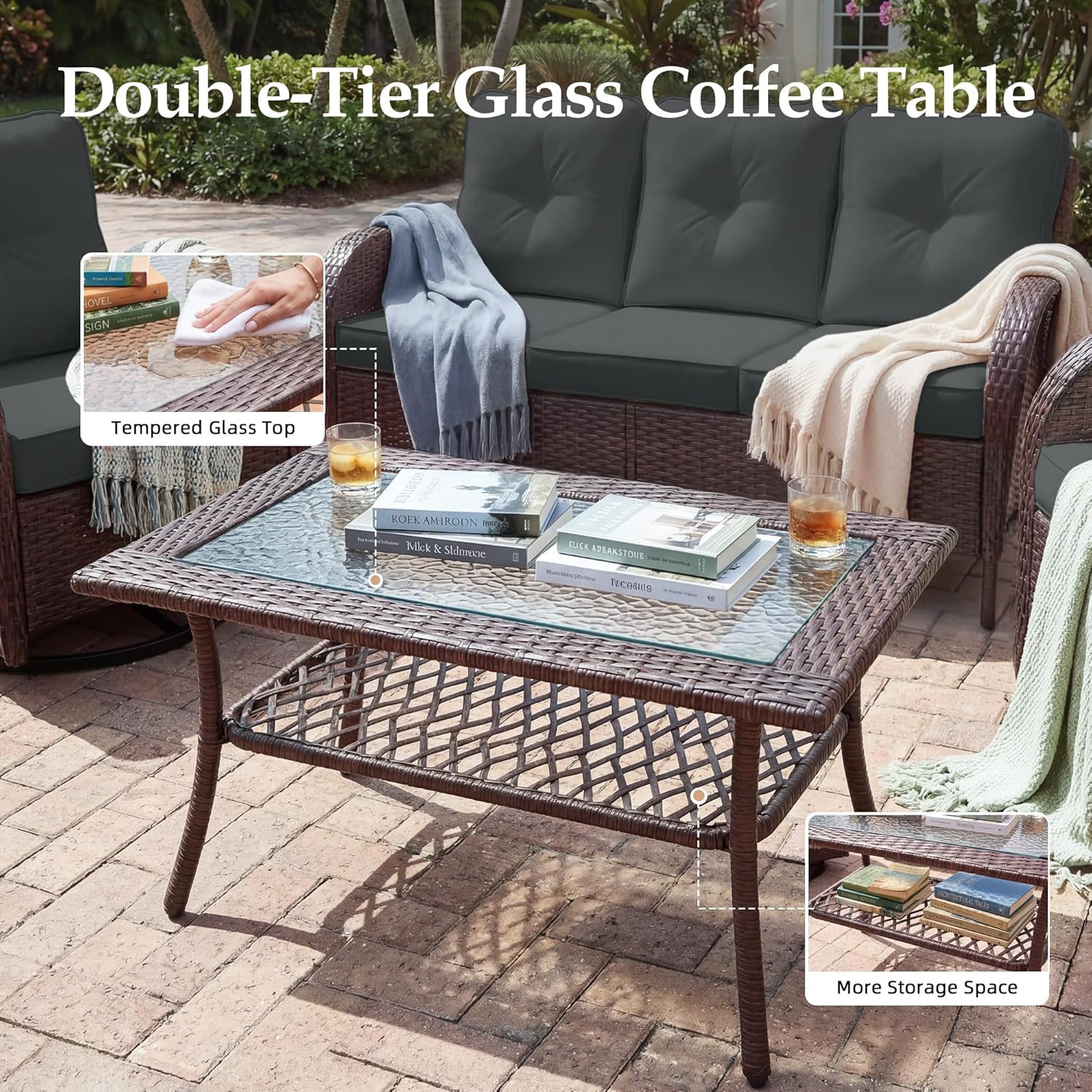 UPHA 8 Pieces Patio Furniture Set with 56" Fire Pit Table, Wicker Outdoor Sofa Set with Swivel Chairs, All-Weather Patio Conversation Set for Porch Deck Backyard, Gray