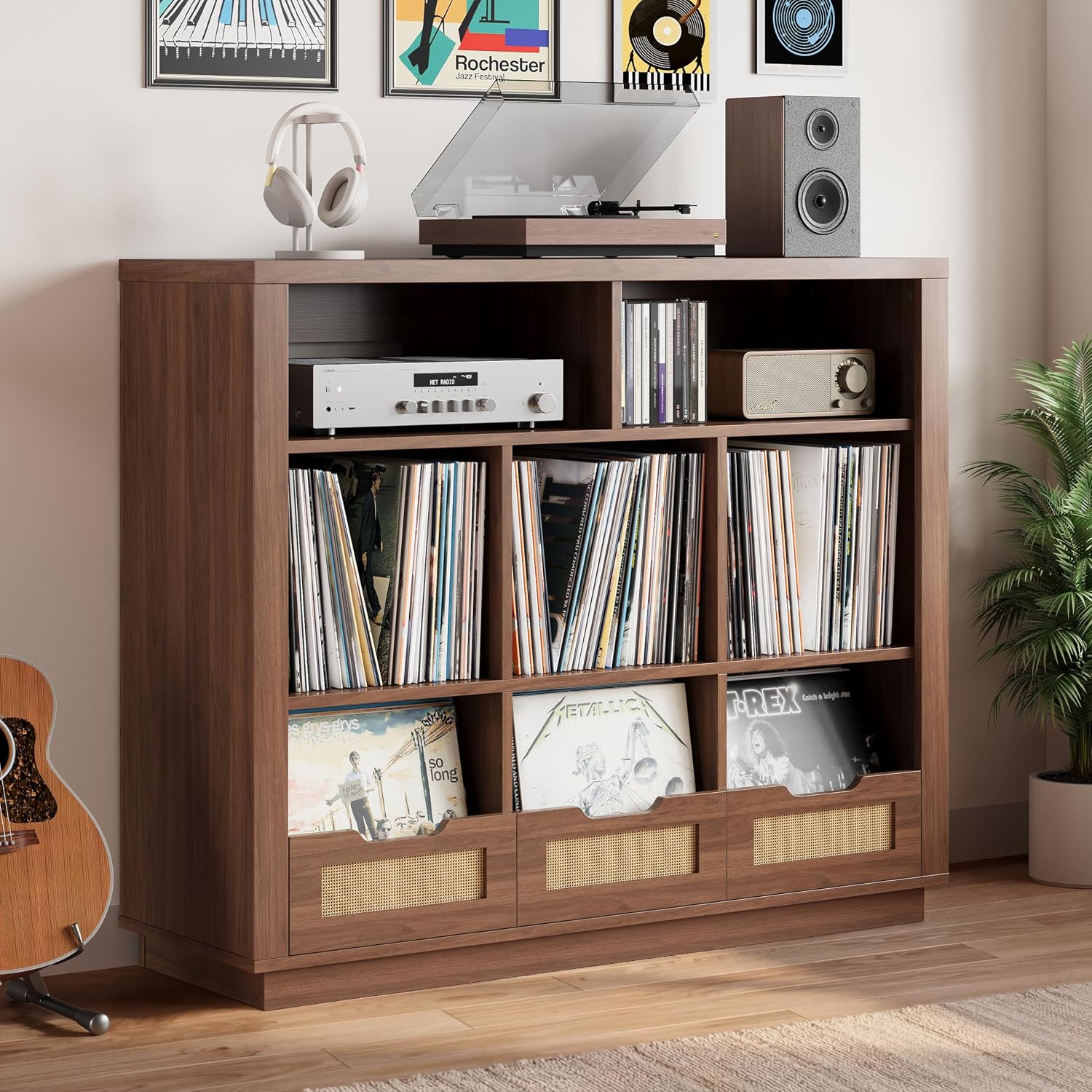 LIKIMIO 3-Tier Record Player Stand with Charging Station, Vinyl Records Storage Cabinet with 3 Display Drawers, Large Mid Century Modern Turntable Stand for Living Room, Bedroom, Walnut