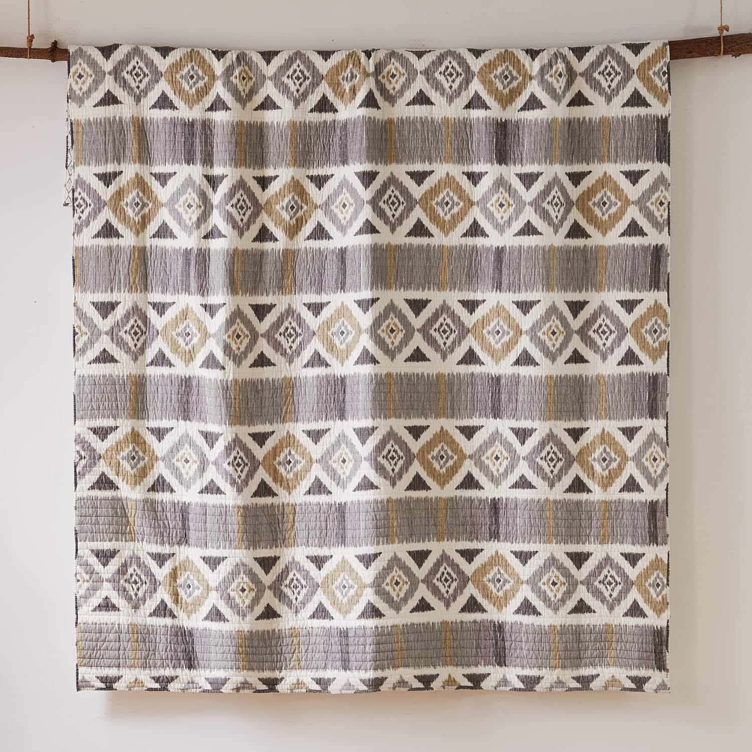 Levtex Home - Santa Fe King/Cal King Quilt - Ikat Pattern - Soft Grey, Cream, and Tan - Quilt Size (106x92in.) - Reversible - Cotton Fabric