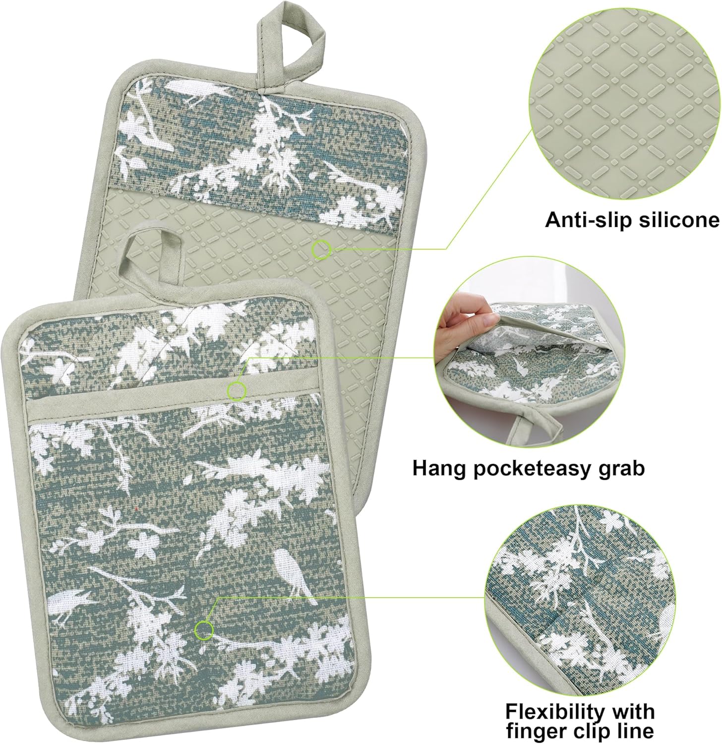 Oven Mitts and Pot Holders with Cooking Apron Set of 5, Heat Resistant Kitchen Gloves and Silicone Non-Slip Potholders, Adjustable Neck Buckle Chef Apron, Cotton Nice Design for Cooking (Aqua)… - Image 5