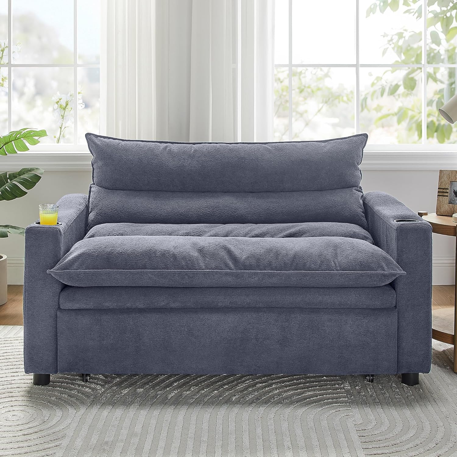3 in 1 Convertible Pull Out Sleeper Sofa Couch Bed, 56.3" Velvet Futon Loveseat Lounge Chaise Recliner Sofabed with Adjustable Backrest & Cupholders and Cloud Cushions