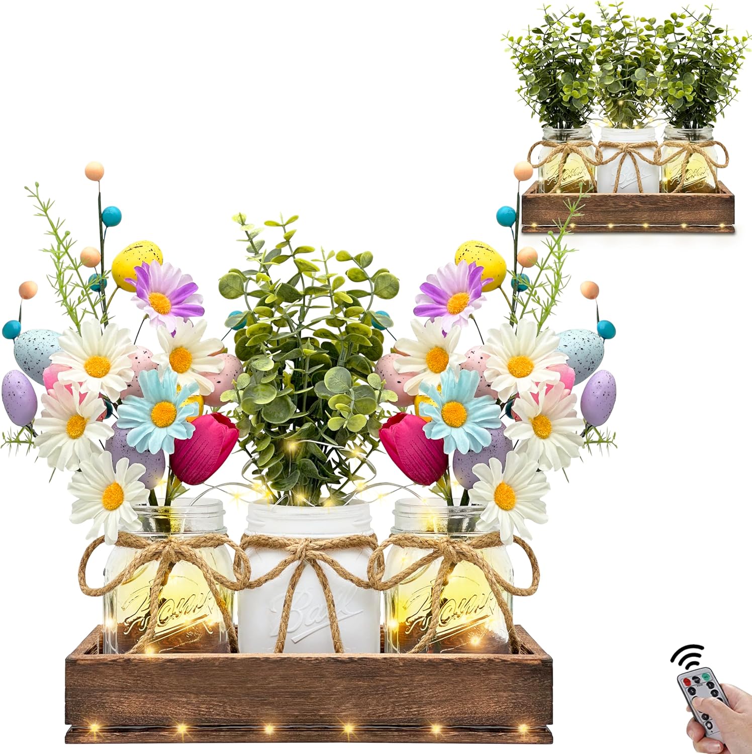 HOMECOR Easter Centerpiece Light Table Decorations - Table Runner Easter Decor Coffee Table Decor with Wood Tray and Remote Control Led Light Table Centerpieces for Home Kitchen Dining Living Room
