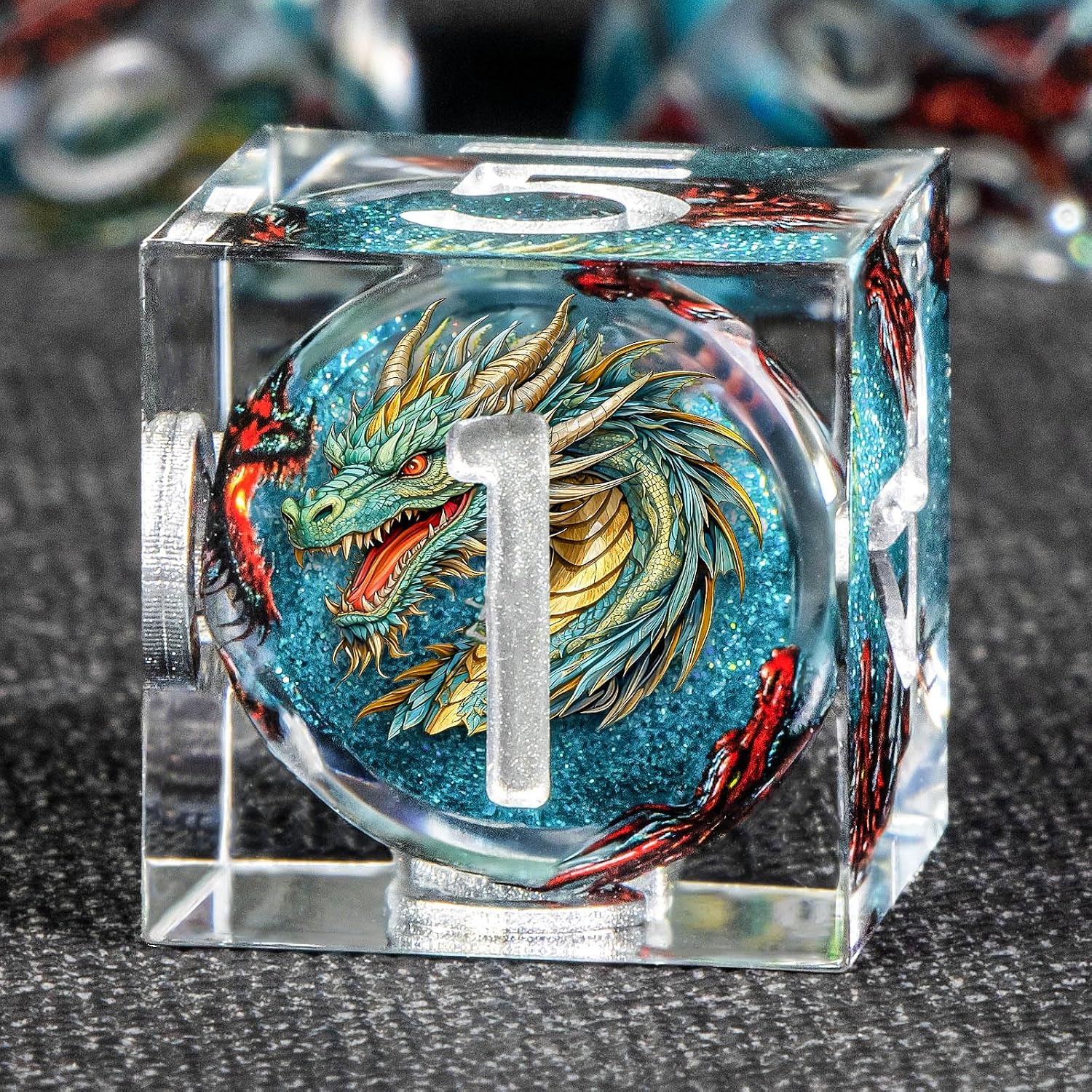 KERWELLSI Liquid Core Dragons Pattern Dice, Resin DND Dice Set with Gift Box, Blue Sharp Edged Dungeons D&D Dice, Role Playing Game Dice D20 D12 D10 D8 D6 D4