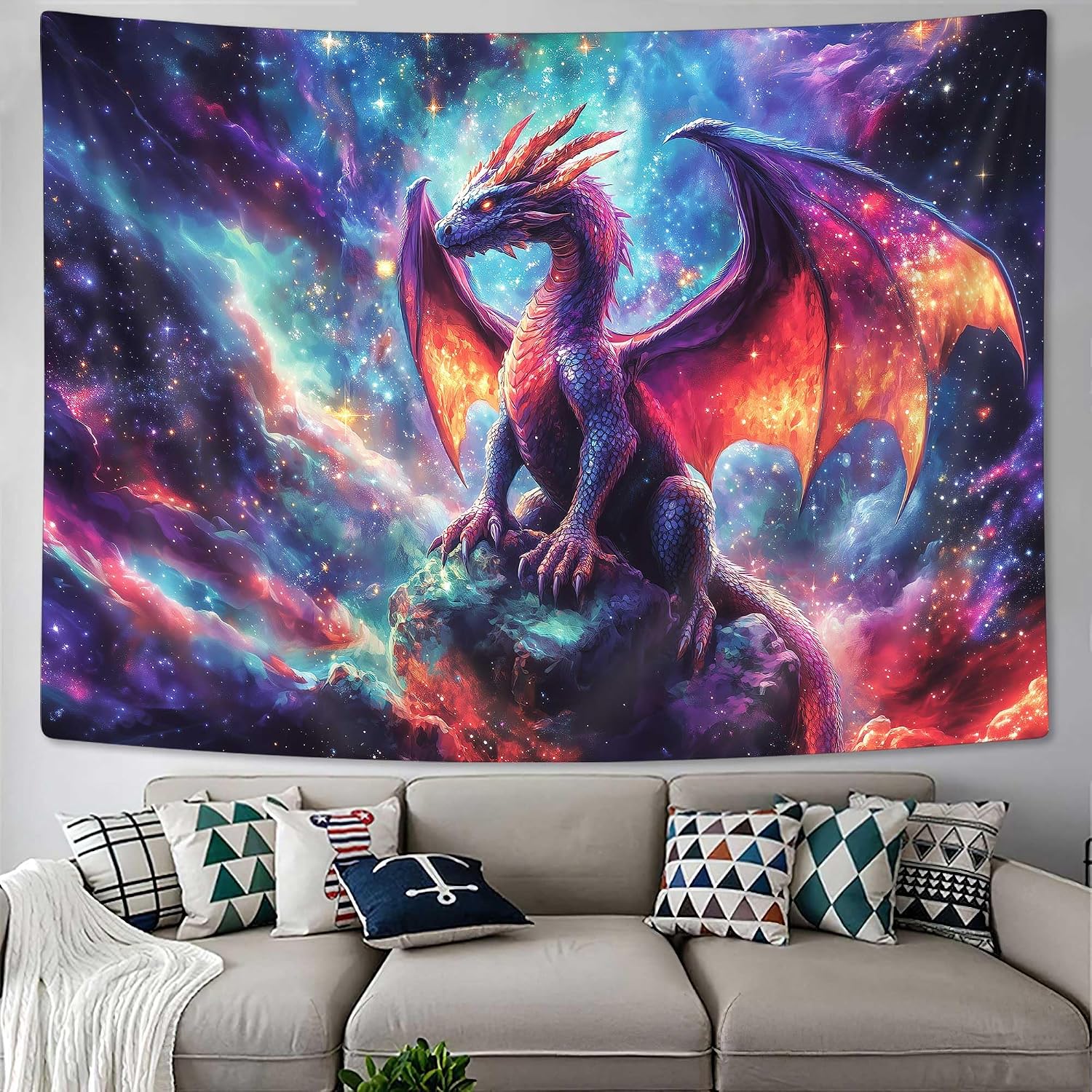 Purple Dragon Tapestry, Gothic Medieval Fantasy Animals Cool Dragon Tapestry for Bedroom Aesthetic, Nebula Starry Sky Tapestry Wall Hanging, Men Boys Poster Blanket College Dorm Home Decor, 40X30in