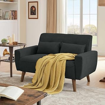 Loveseat Sofa Couch with Two Throw Pillows, Mid Century Modern 2 Seat Love Seat Couches for Living Room, Linen Fabric, 48" Black
