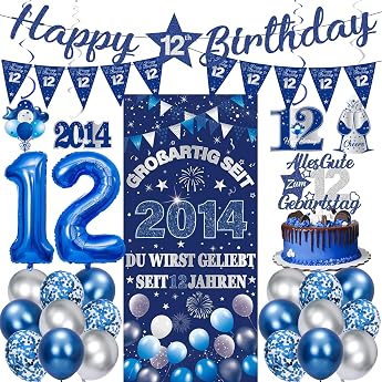 12th Birthday Girl Boy - 28 Pieces Blue Silver Birthday Decoration