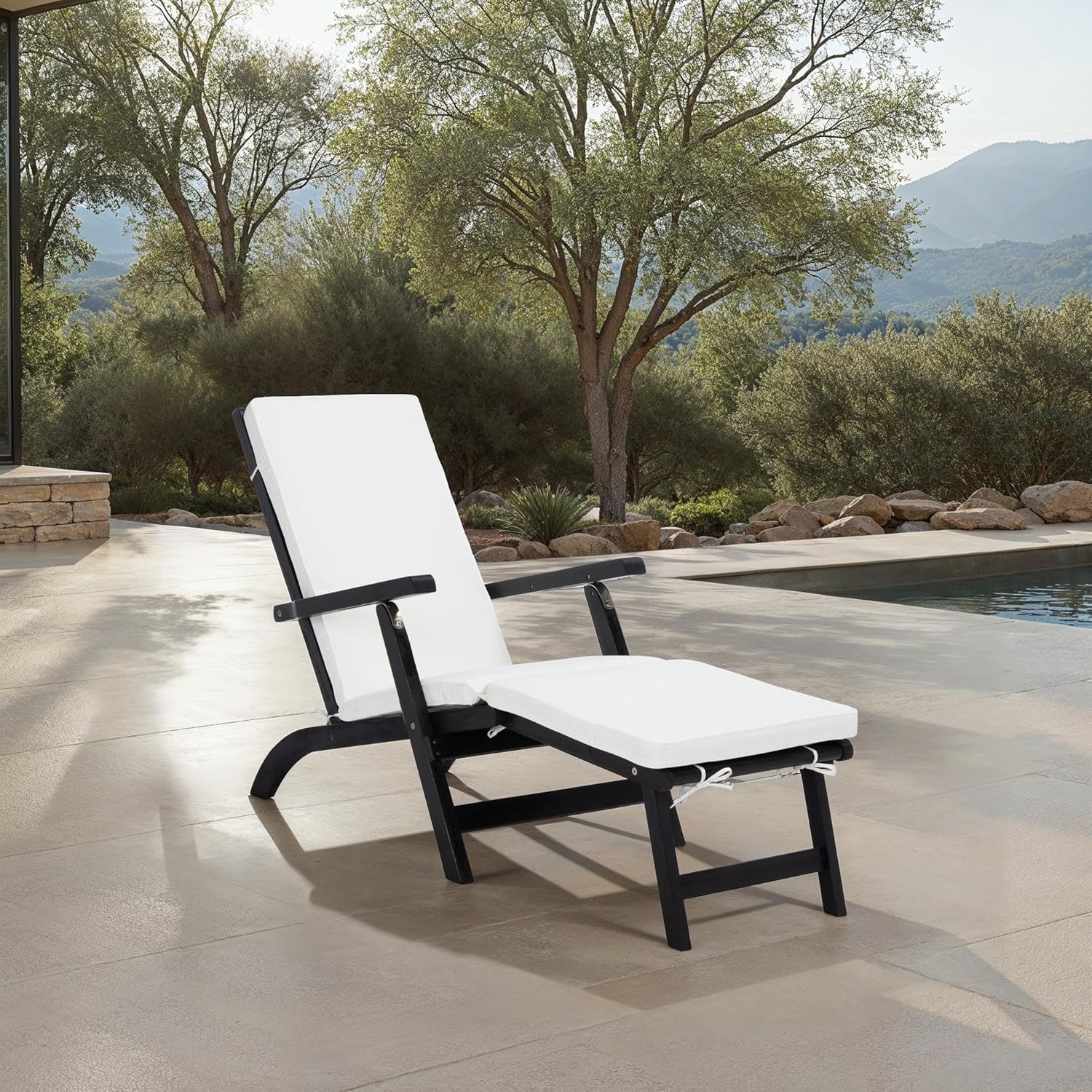 SAFAVIEH Outdoor Collection Palmdale Black Solid Wood/Beige Cushion Chaise Lounge Chair (PAT7015G)