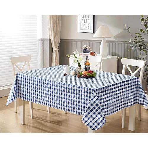 Newbridge 52 x 52 Inch Square Vinyl Tablecloth with Flannel Backing, Bistro Tavern Check, Café Checkered Indoor Outdoor Vinyl Table Cover for Picnic, Barbecue and Patio Dining, Blue