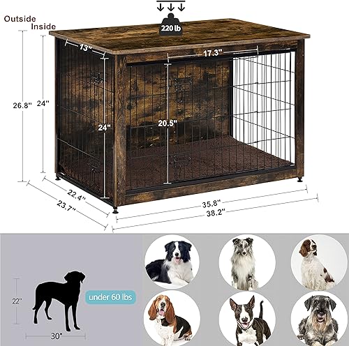 Miniatura 4 de DWANTON Mueble de jaula para perros con cojín, mesa de madera para perreras con puertas dobles, casa para perros de interior, tamaño grande, 38.5