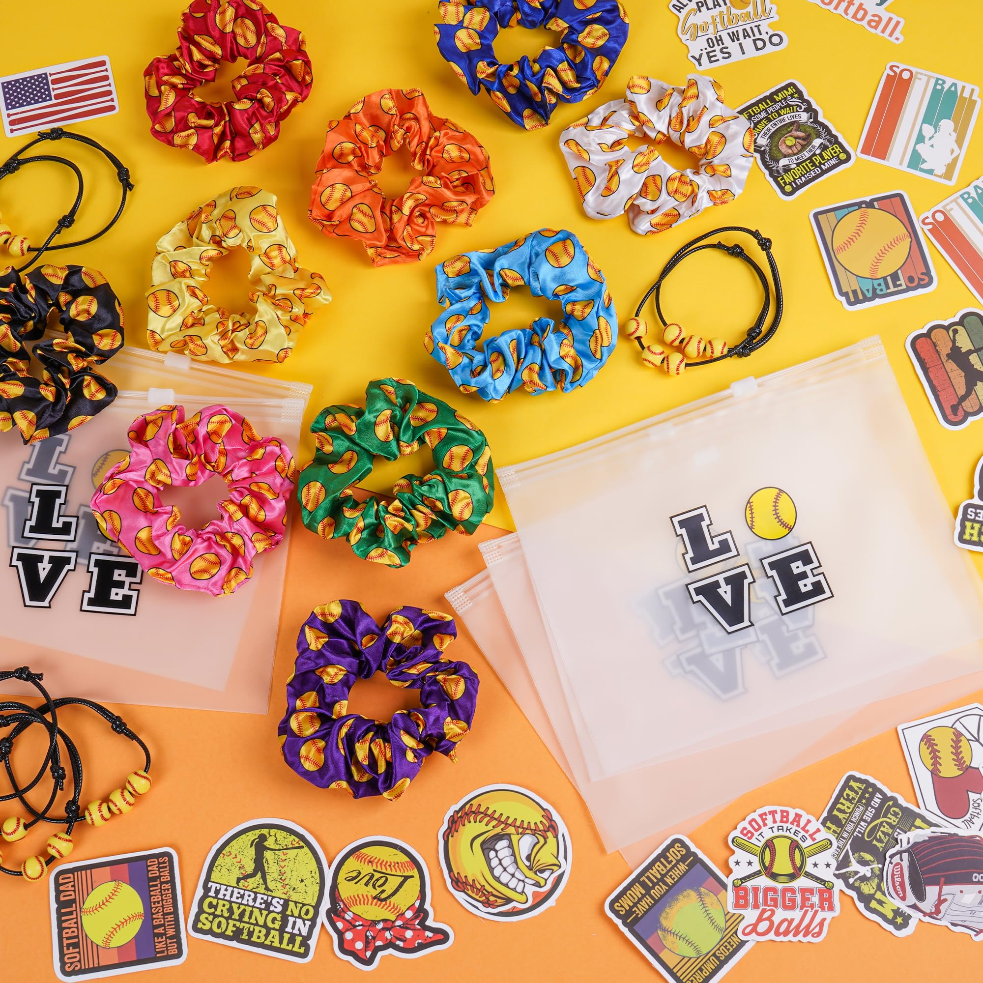 Kolewo4ever Softball Party Favors Set with Scrunchies, Bracelets, Cosmetic Bags and Stickers