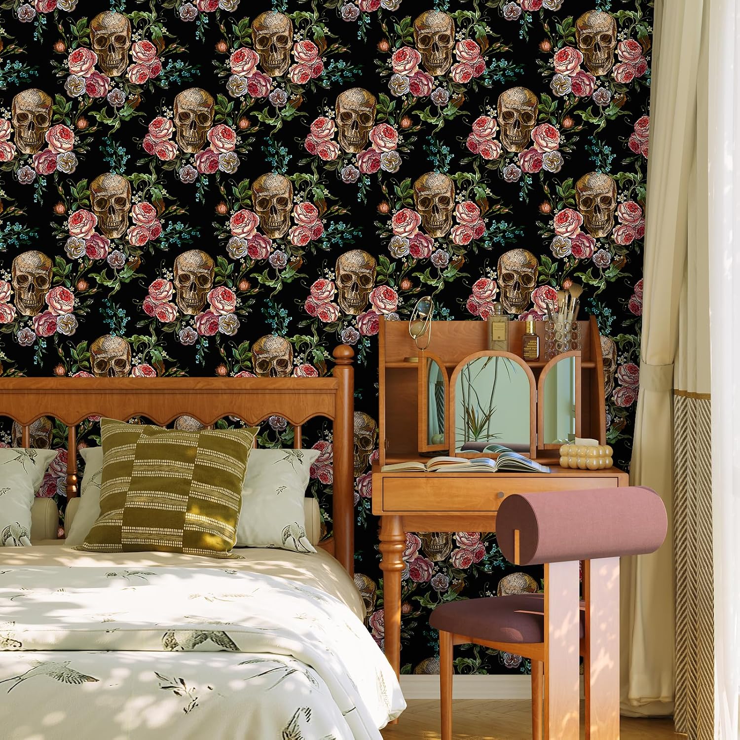 VaryPaper Gothic Romantic Floral Skull Wallpaper Stick and Peel 17.7''x315'' Vintage Rose Floral Contact Paper Adhesive Vinyl Goth Wall Mural Decorative Halloween Wallpaper for Bedroom Accent Wall