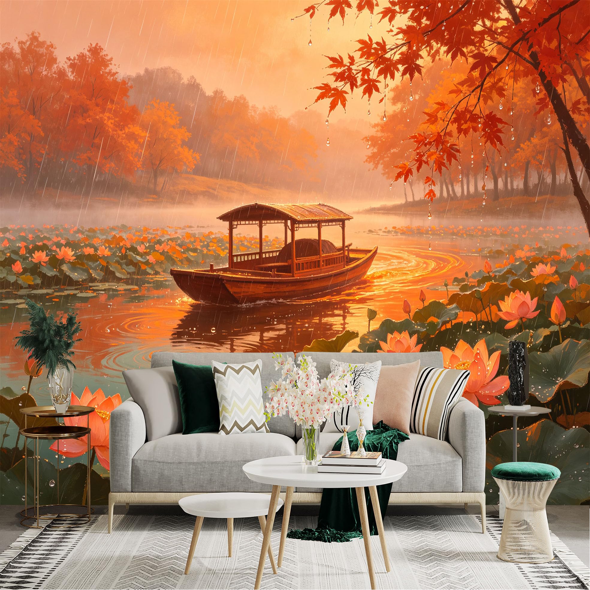 Custom Size Wall Sticker Mural， Wooden Boat on Misty Lake， Autumn Foliage， Serene Water Lilies， Rainy Golden Sunset， for wall Decoration， peelandstick wall Decals.
