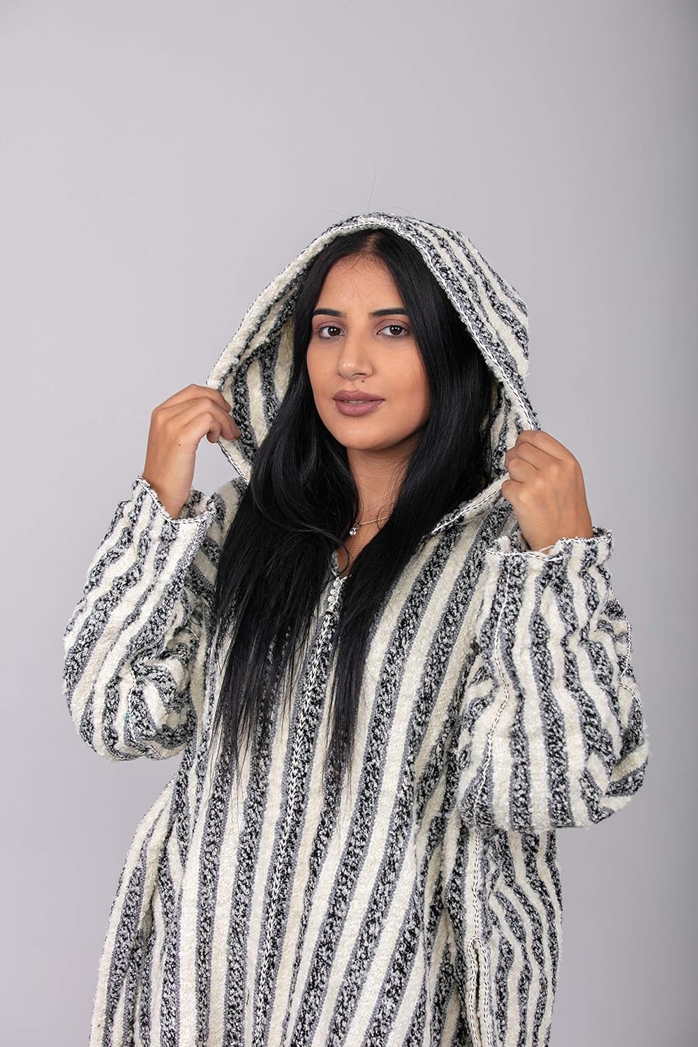 -Striped Djellaba, Sweater Coat, Hoodie Caftan from wool, Handmade boho Clothing, Wool dress women, Long Winter Dress