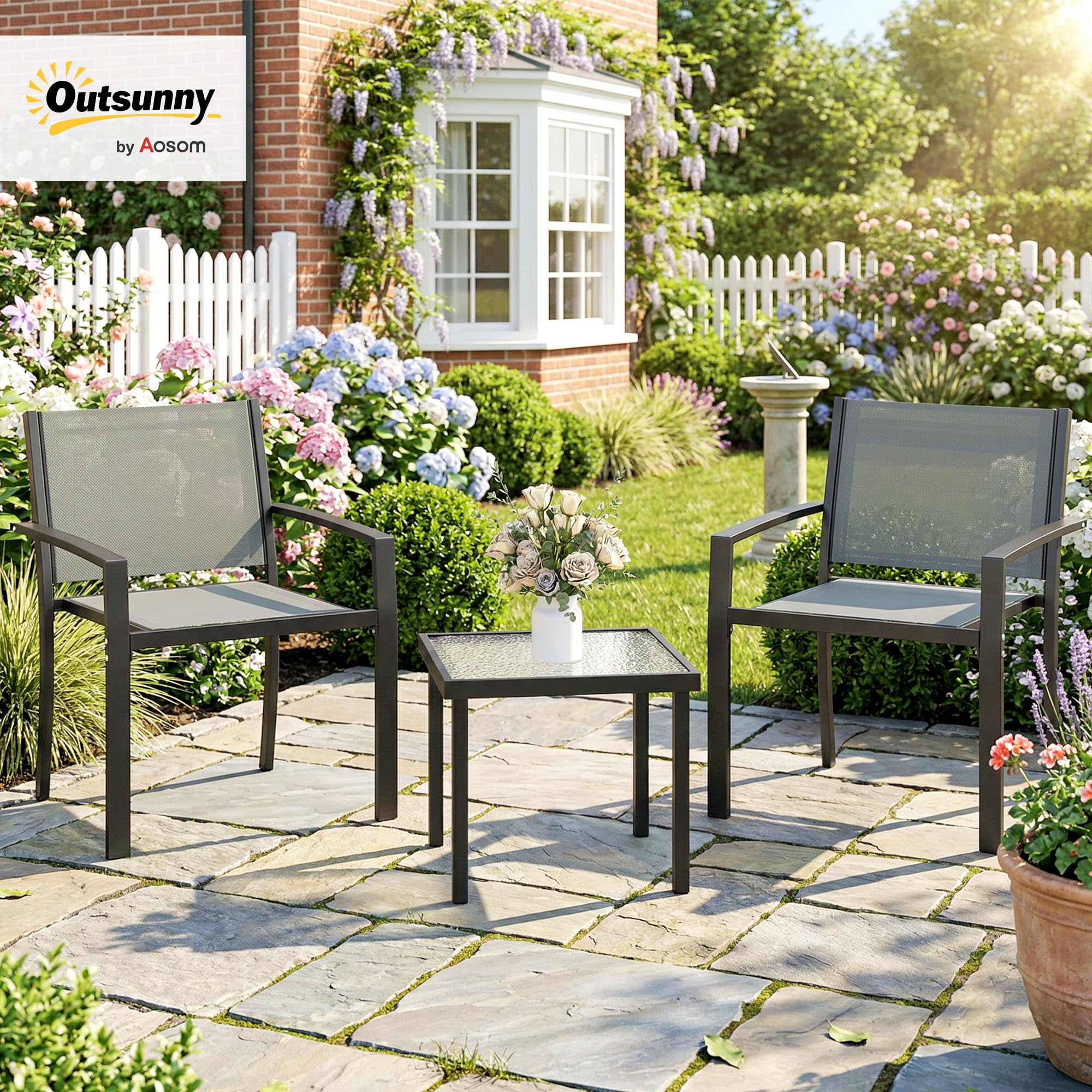 Outsunny Conjunto de Mesa y Sillas de Terraza Exterior 3 Piezas, Muebles de Jardín Exterior con 2 Sillas Anchas de Textilene, Mesa de Vidrio Templado, para Patio, Balcón, Gris Claro
