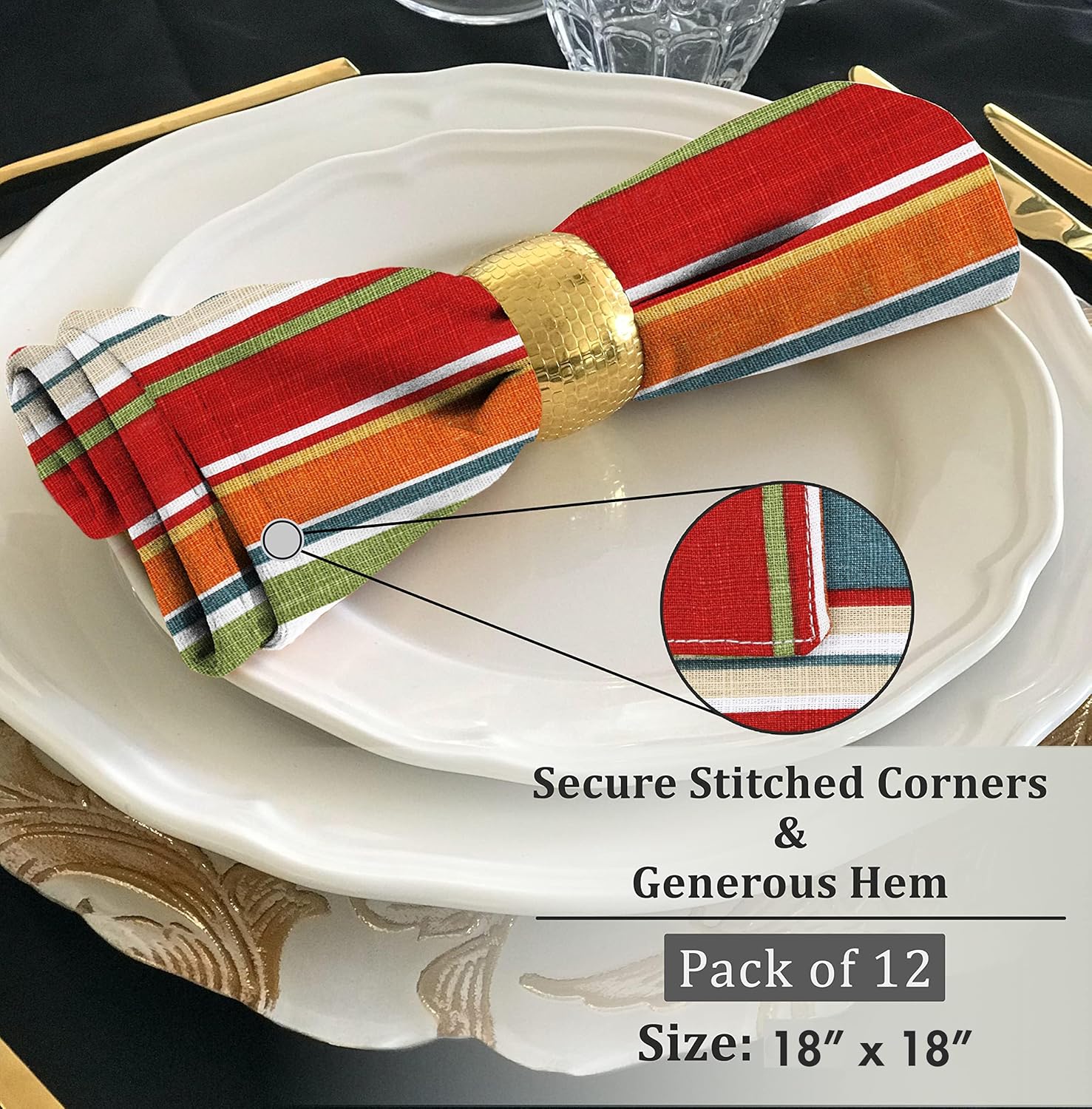 Ruvanti Cloth Napkins Set of 6, 18x18 Inches, 100% Cotton, Washable, Soft & Absorbent, Perfect for Wedding, Christmas, ‎Thanksgiving Dinners - Multi Stripes