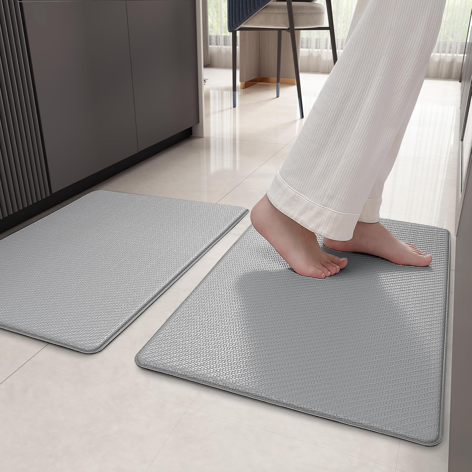 Color&Geometry 2 Piece Kitchen Rug Set - Cushioned Anti Fatigue Kitchen Mat, Non Skid Waterproof Comfort Standing Rug, 17"x29"+17"x29", Grey