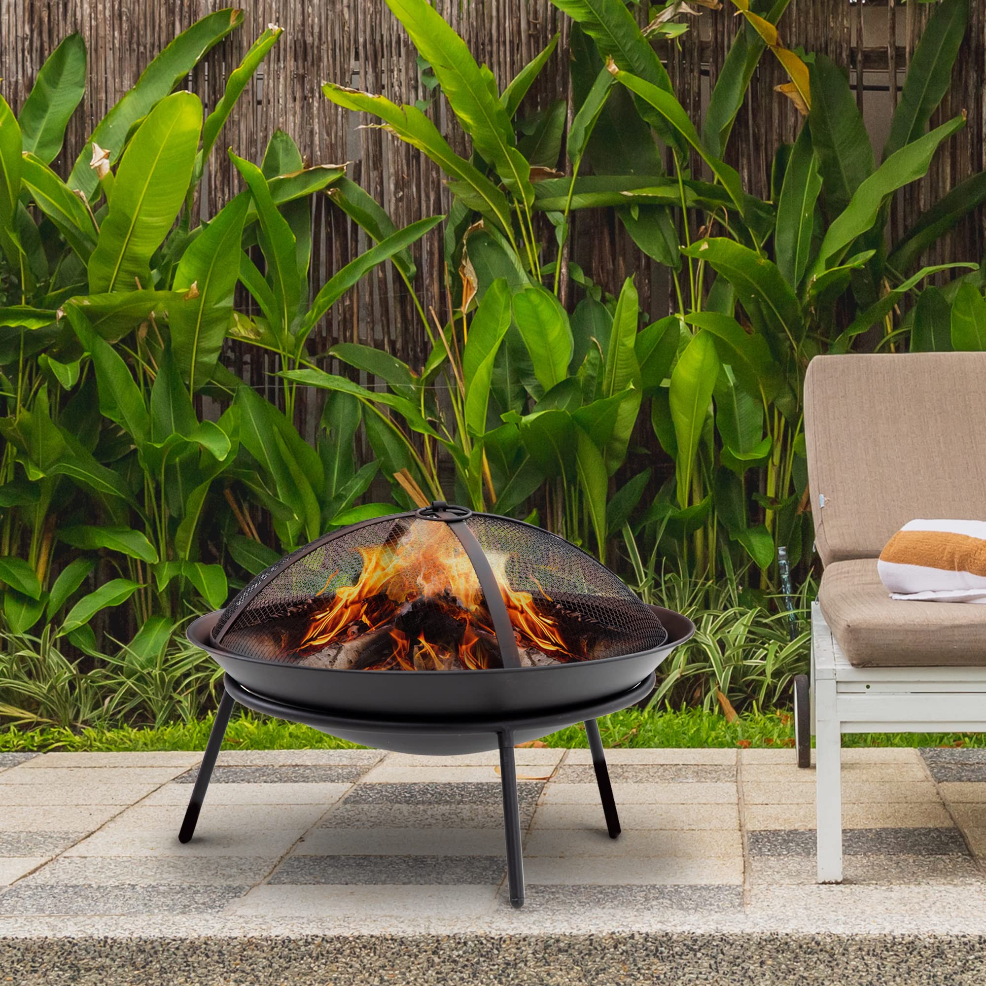 Outsunny Brasero Exterior para Jardín Pozo de Fuego de Metal con Protector de Chispas y Atizador para Hogueras Terraza Camping al Aire Libre Ø47x33 cm Negro
