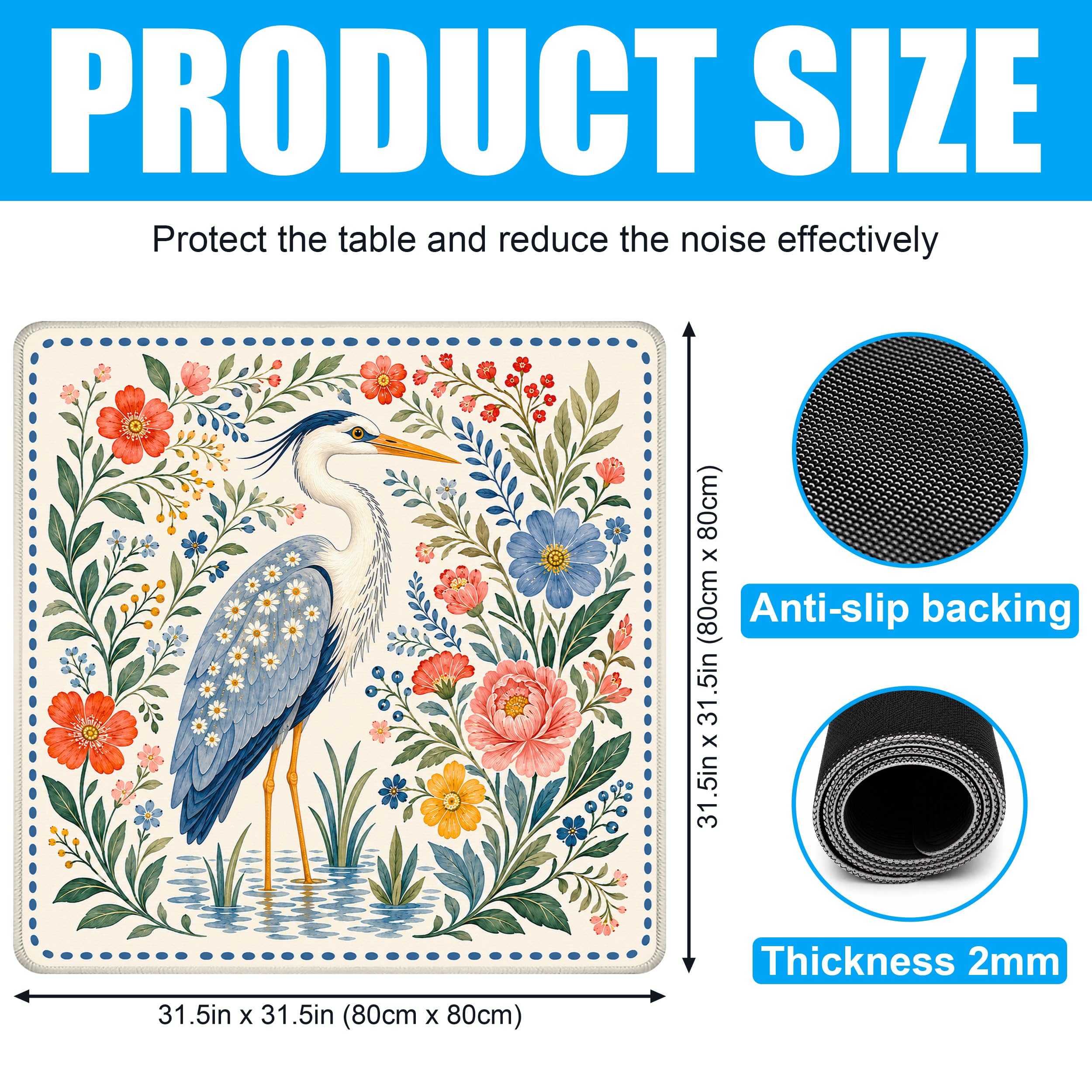 SODAVA Tapis de mahjong Blue Heron, housse de table de jeu florale aquarelle avec sac de transport, 80 cm x 80 cm, caoutchouc antidérapant, réduction du bruit, cadeaux pour mahjong, cartes, dominos