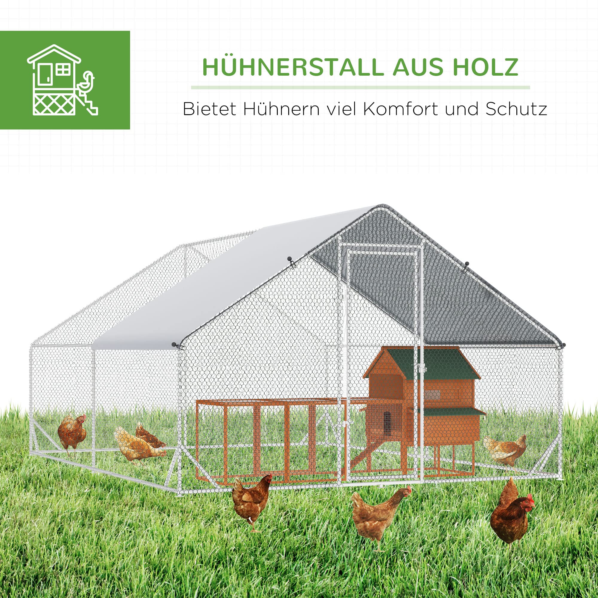 PawHut Hühnerstall 3x4x2 m Freilaufgehege mit Dach für 8-12 Hühner Silber | Hühnergehege, Hühnerlaufstall Freigehege für Kleintiere, Tür mit Schloss, Hühnerkäfig aus Verzinkter Stahl