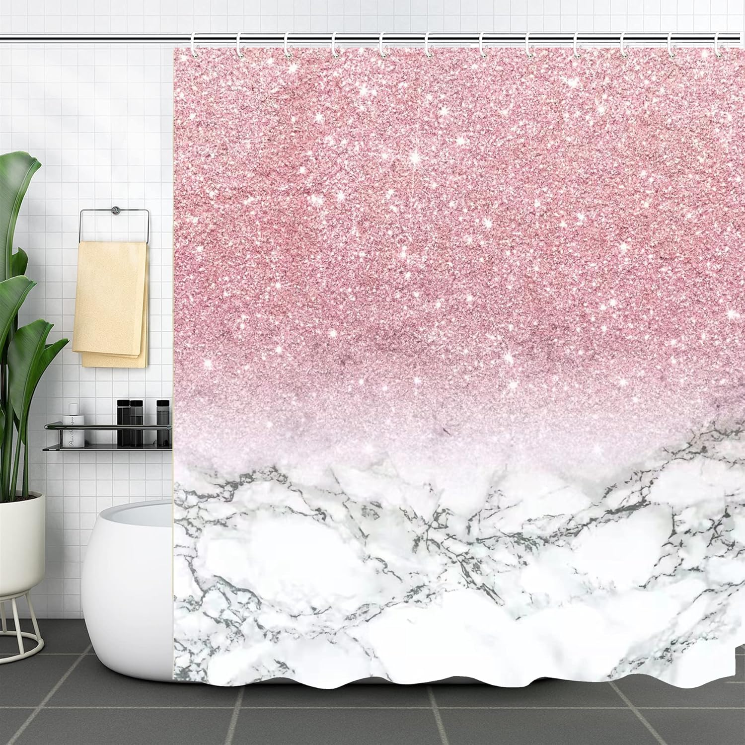 4 Pcs Pink Bathroom Shower Curtain Set with Waterproof Shower Curtain, Non-Slip Soft Flannel Rugs, Toilet Lid Cover, Bath Mat and 12 Hooks for Home Decorations, Pink, 72"x72"