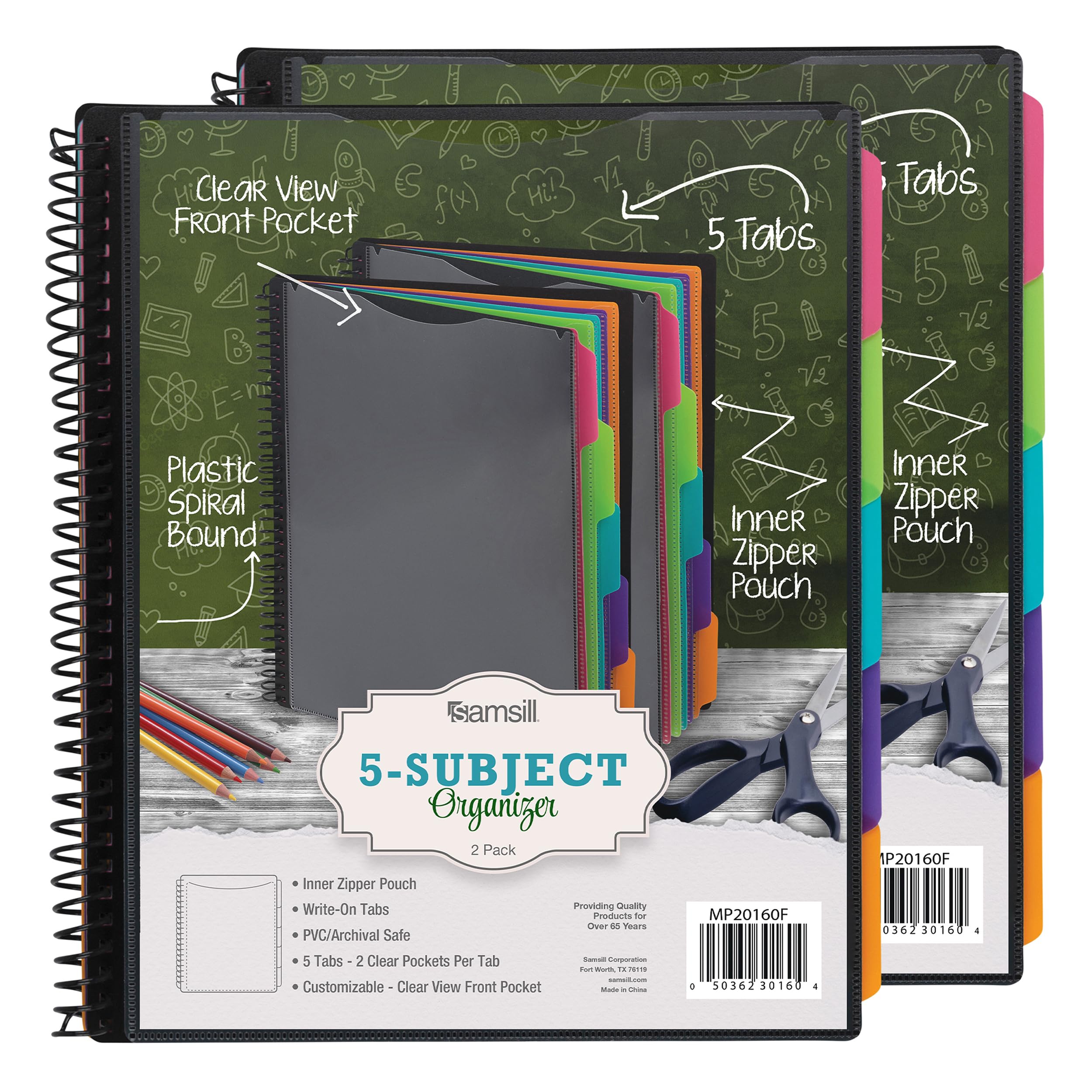 Samsill Spiral Folder Organizer (2-Pack) - 5 Dividers & 10 Pockets with Zipper Pouch, Multi Pocket Color Cordinated Folder Binder with Customizable