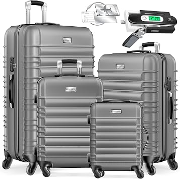 KESSER Set of 4 Hard Shell Suitcases, Hard Shell Suitcase, Trolley Suitcase Incl. Suitcase Scales + Luggage Tag, Suitcase with Wheels, Lock, 4 ABS Hard Cases, S-M-L-XL, Silver, 35 x 20 x 48 cm
