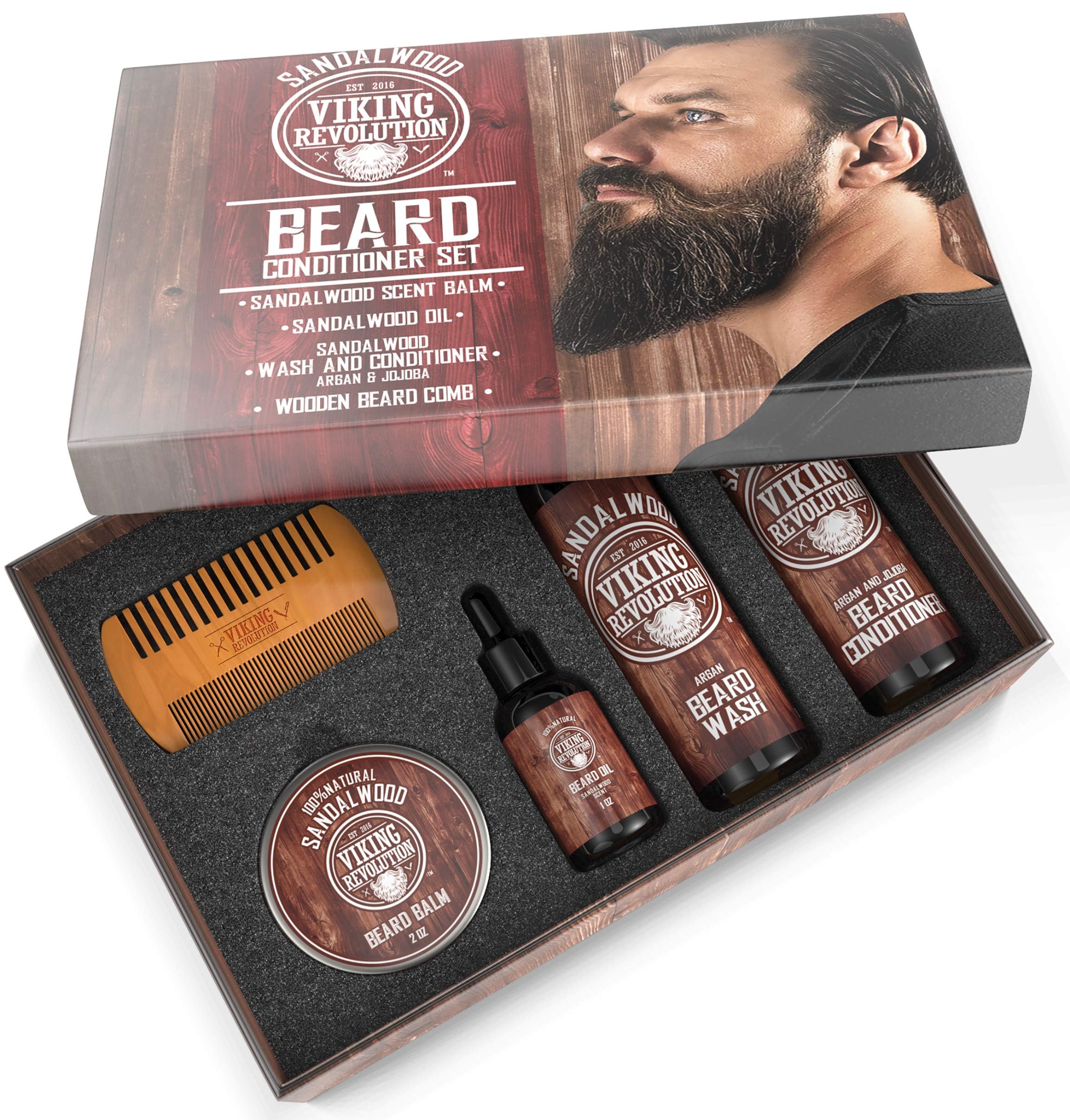 Viking Revolution - Kit Barbe Homme - Adoucit, Hydrate & Soulage les Démangeaisons - Contient Après Shampoing & Shampoing Barbe, Peigne Barbe, Baume & Huile Barbe Homme - Bois de Santal