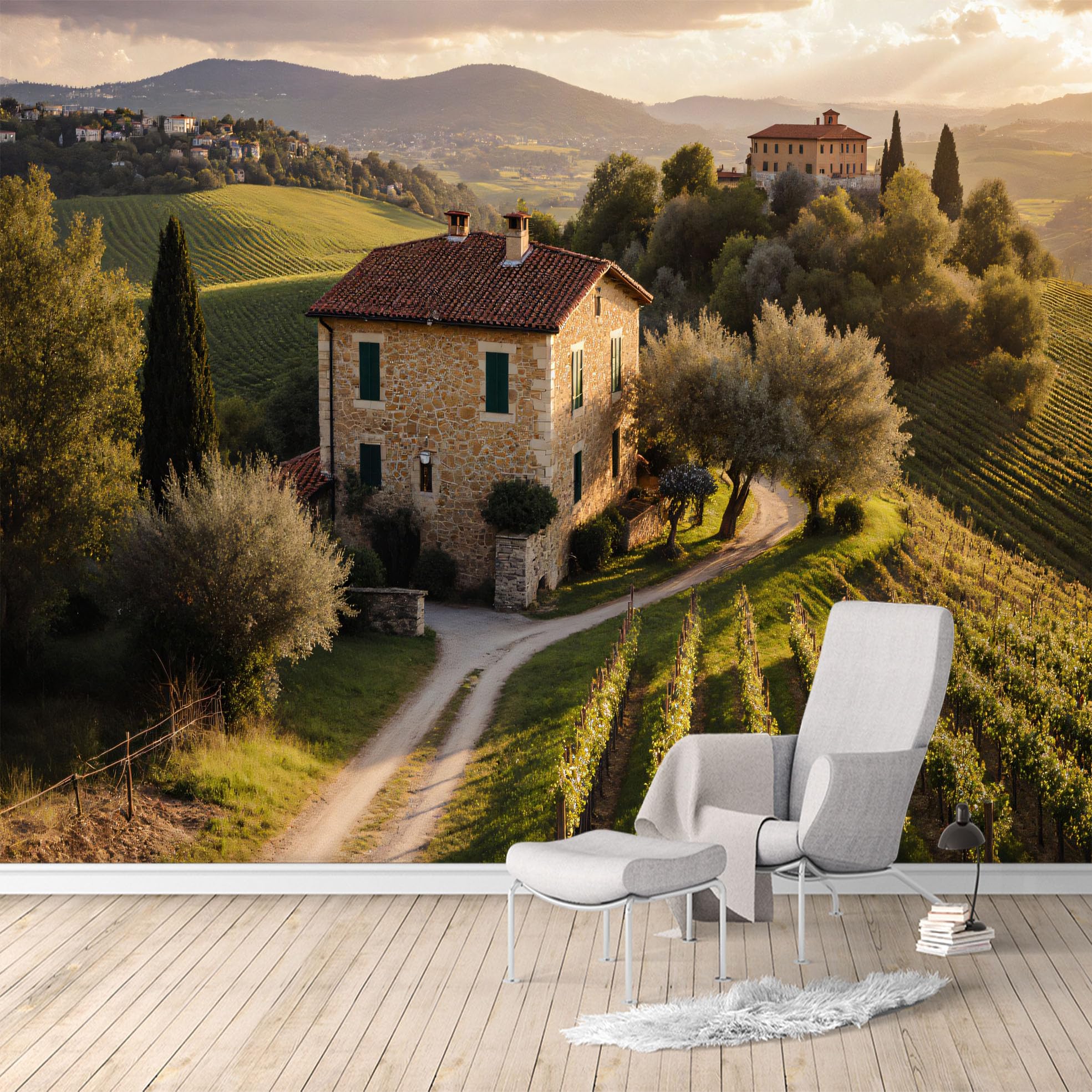 Custom Size Wall Murals,Countryside Vineyard Sunset Landscape Stone House Hills View,SelfAdhesive Water Activated Removable Wall Covering,Large Photo Wallpaper for Living Room Bedroom Office