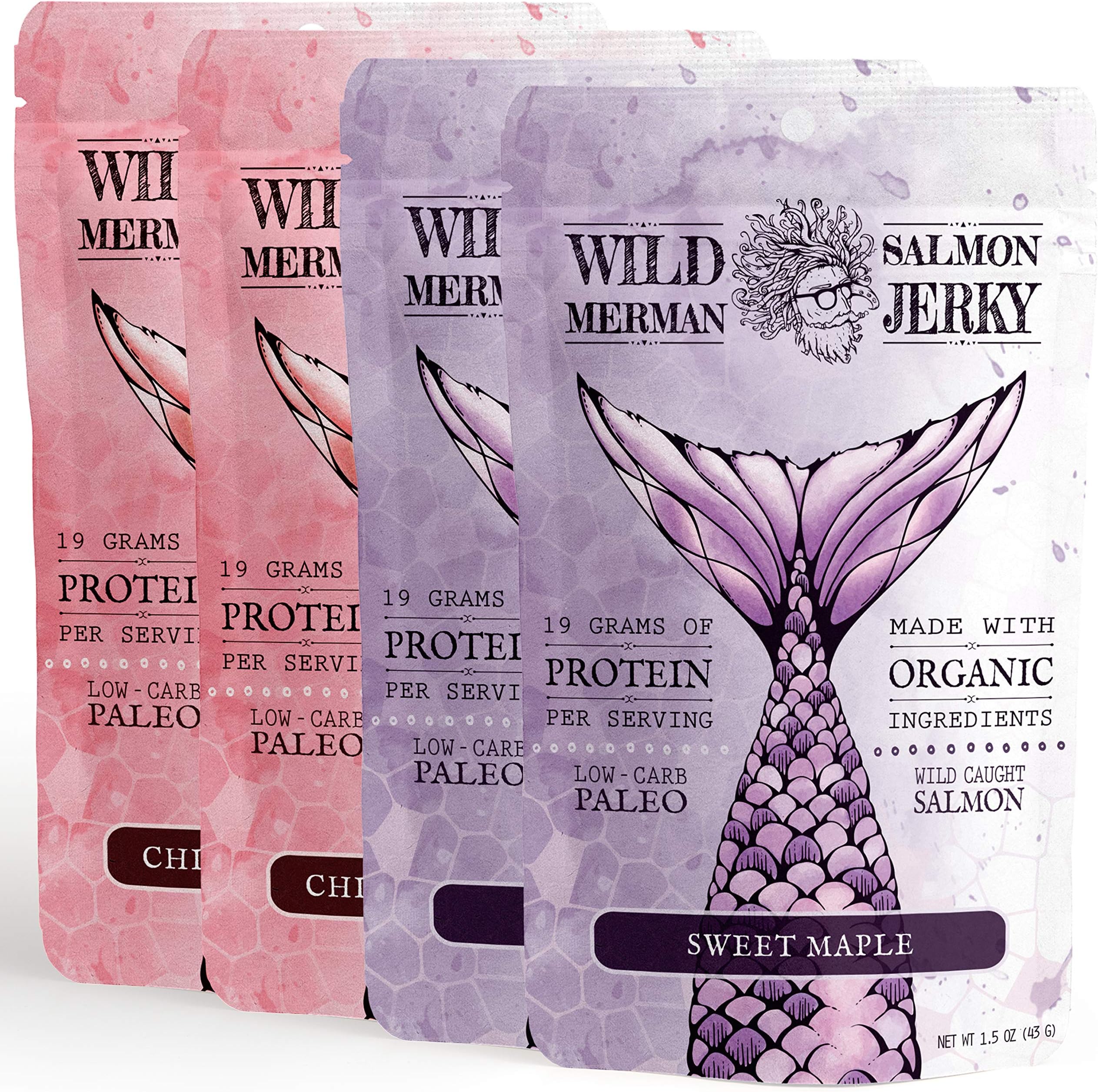 Wild Alaskan Salmon Jerky - Paleo - No Cane Sugar - 100% Wild Smoked Salmon Jerky - Organic - Gluten Free Fish Jerky (Variety Pack, 4 Pack)