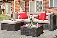 Vongrasig 5-Piece Beige PE Rattan Patio Sectional Sofa Set with Ottoman & Glass Table - All-Weather Outdoor Furniture for Garden, Backyard, Porch