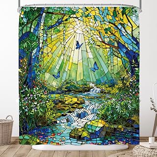 Stained Glass Nature Scenic Green Fairy Enchanted Forest Shower Curtain | 60x72 Inch Woodland Butterfly Shower Curtains Set Landscape Unique Bathroom Decor