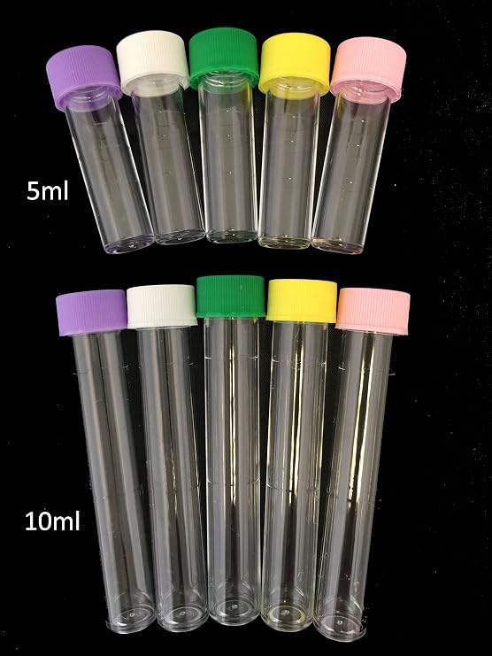 10ml Plastic Test Tubes vials Sample containers Powder Craft with Green Screw caps (100)