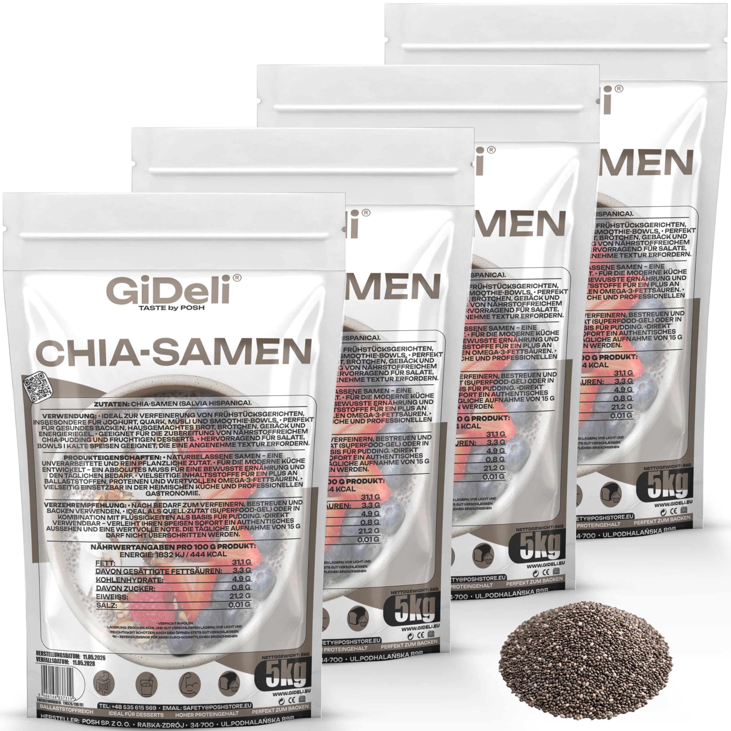 GiDeli Chia-Samen 4x5kg - Rein pflanzlich, ohne Zusätze - Vegane Proteinquelle mit Omega-3 (ALA) - Naturbelassen & Ballaststoffreich - Für Chia-Pudding, Müsli, Smoothies & Backwaren