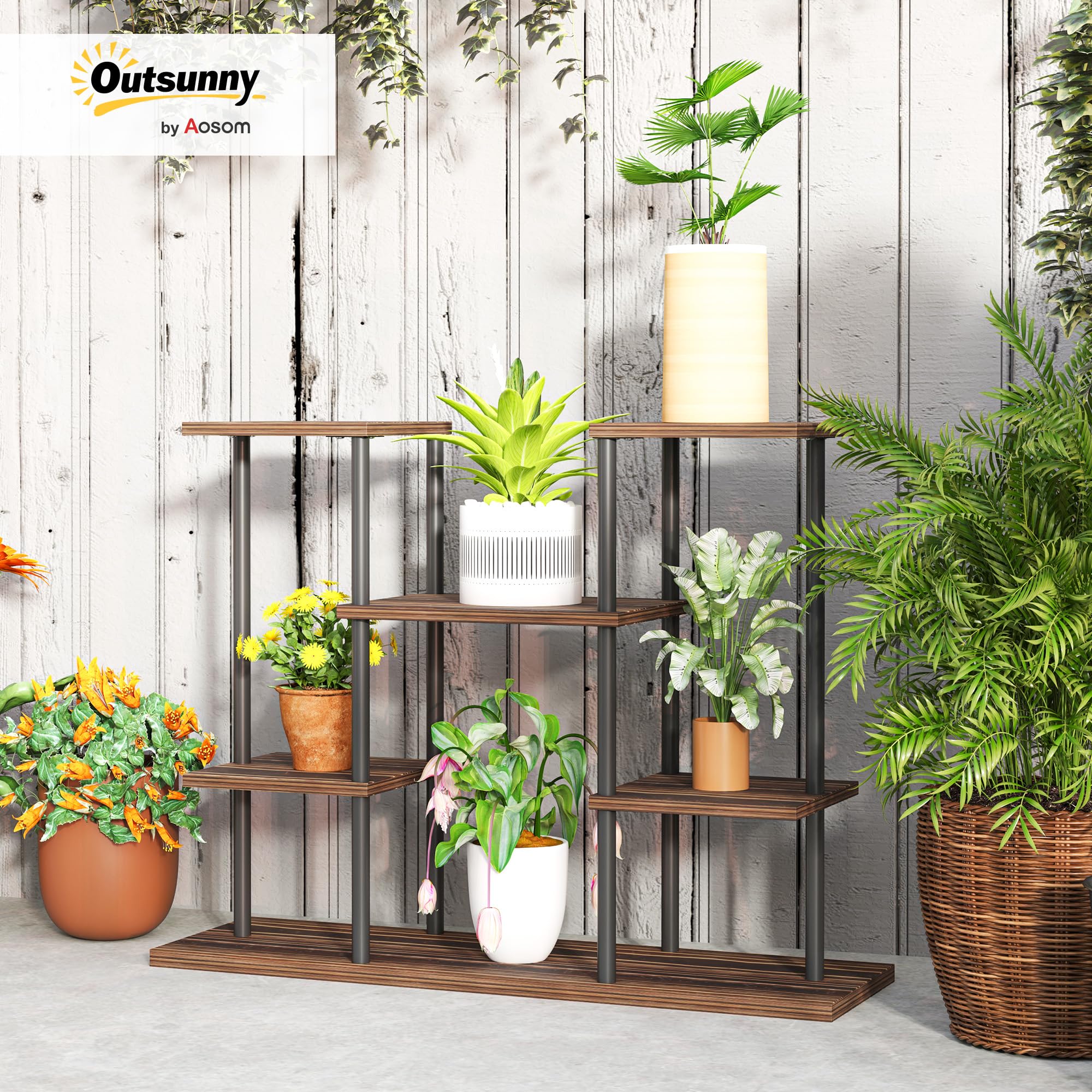 Outsunny 4-Etagen Pflanzenständer 61,5 cm Hoch Blumenständer Verkohlt | Pflanzenregal Holz, Mehrstöckig Blumentreppe, Blumenständer für Innen Außen, Blumentopfständer, Garten, Balkon