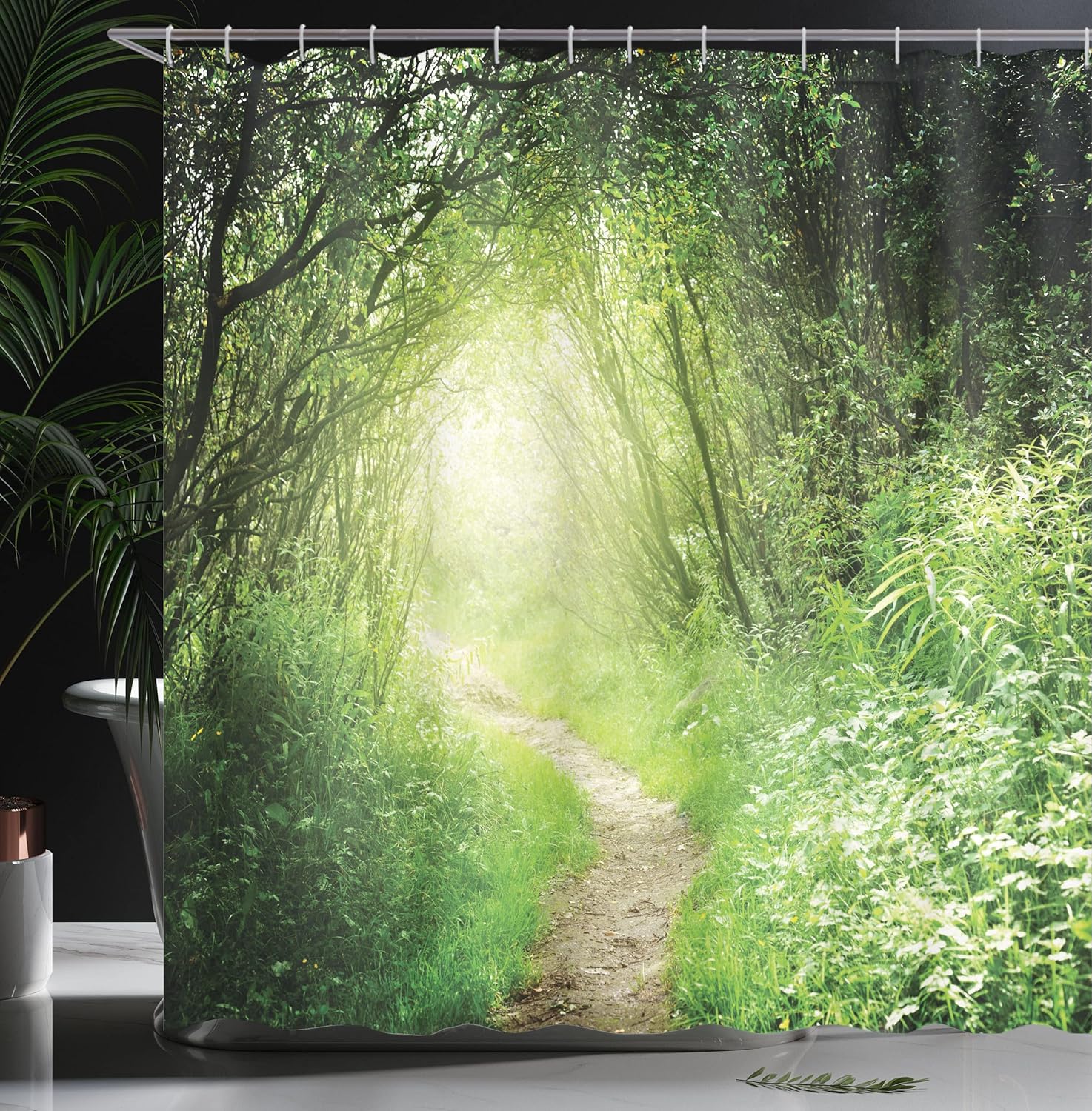 Lunarable Woodland Shower Curtain, Scenic Rural in Deep Forest Narrow Path Leading to Nature's Door Among Daisies, Cloth Fabric Bathroom Decor Set with Hooks, 69" W x 70" L, Multicolor