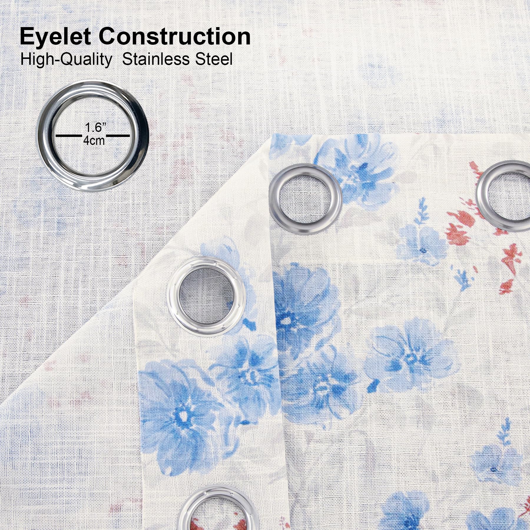 always4u Linen Look Curtains Semi-sheer Eyelet Printed Curtains Light Blue Floral Window Treatments for Living Room Bedroom Decoration Modern Textured 1 Pair W46 x L54 Inches - Image 4