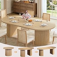 HUAHUU Extendable Round Dining Table 39-77in for 4-8, Modern Farmhouse Fluted Base Space-Saving Kitchen Table Natural Wood