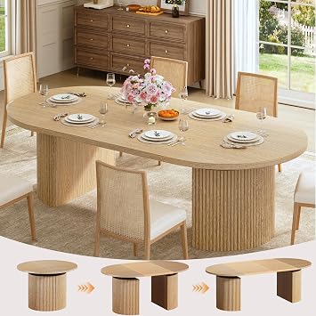 HUAHUU Extendable Round Dining Table for 4-8, 39in-77in Long Large Kitchen Table with Fluted Base, Space Saving Modern Farmhouse Oval Dinner Tables for Dining Room, Kitchen, Living Room, Natural