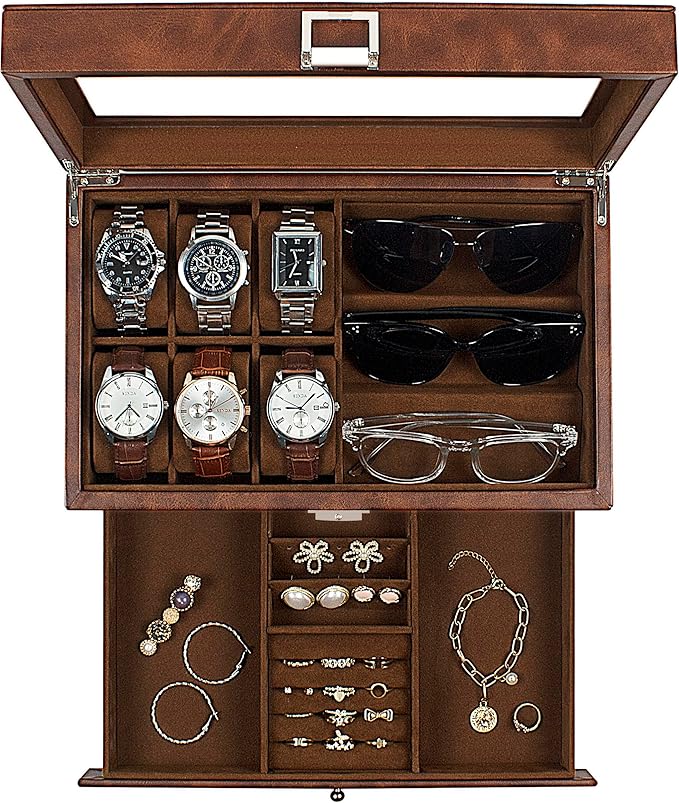 Caja relojes GUKA 6 ranuras 3 lentes tapa vidrio real cuero marron organizador joyeria hombre