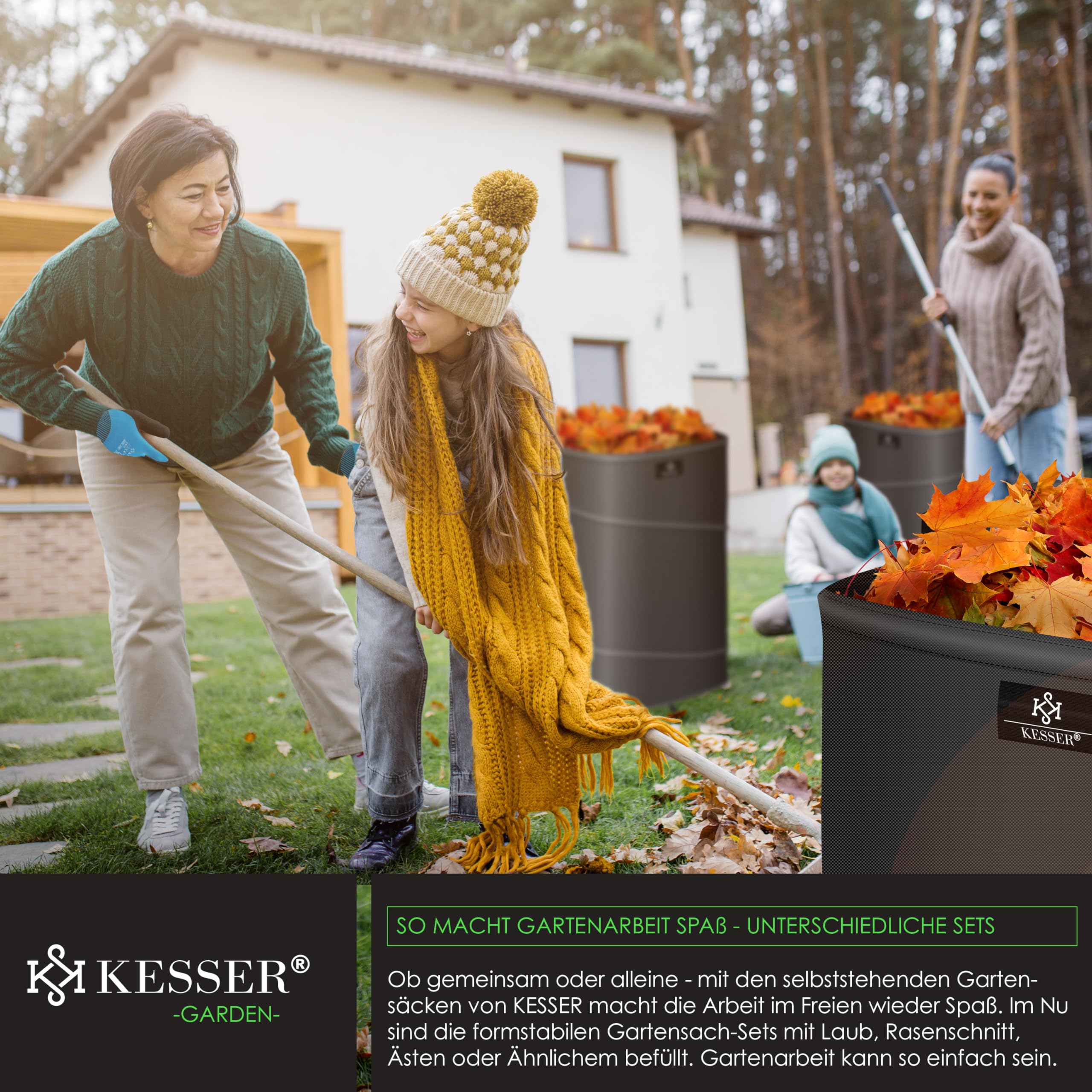 KESSER® Set di Sacchi da Giardino Pop-up - 4x 175 Litri, Sacco per Rifiuti da Giardino con Guanti, Autoportante con Maniglie, Robusto, Robusto e Richiudibile, Antracite/Nero