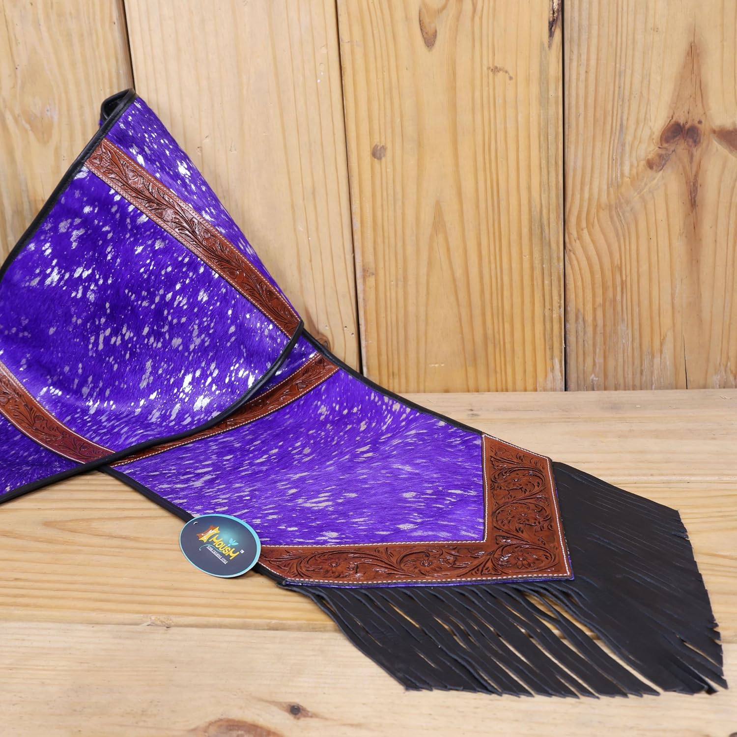 Purple Acid Wash Leather Table Runner – Square-Cut Design with Tooled V-Edge Corners, Fringe & Bowl Divider Strap – 72" x 12" – Handcrafted by MOUSM